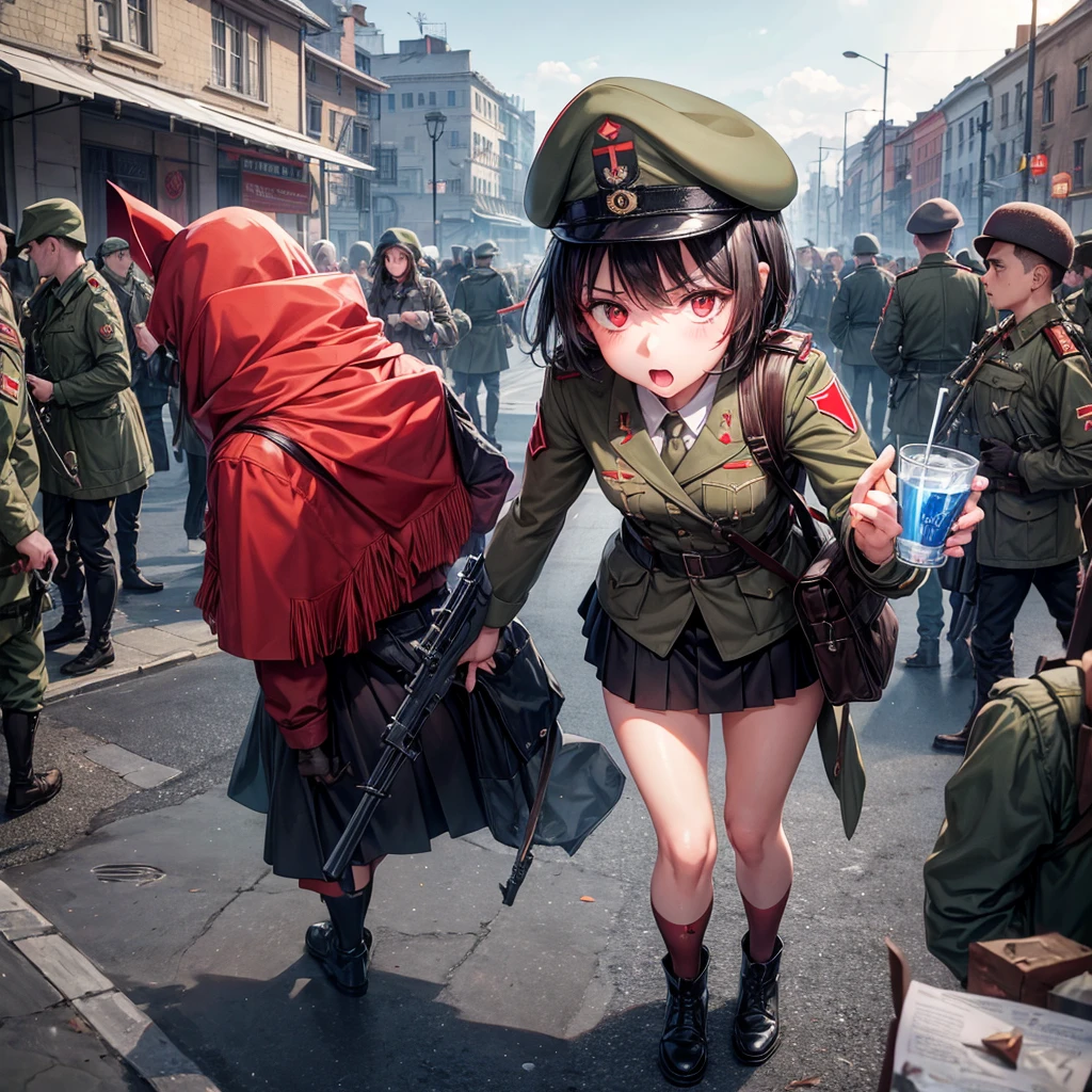 military, ww2, ussr army, Killing expression, Wear a short skirt, Drink vodka, Alone, photo techniques, 5 fingers, girl, Red eye, Carrying an weapon, ushanka,