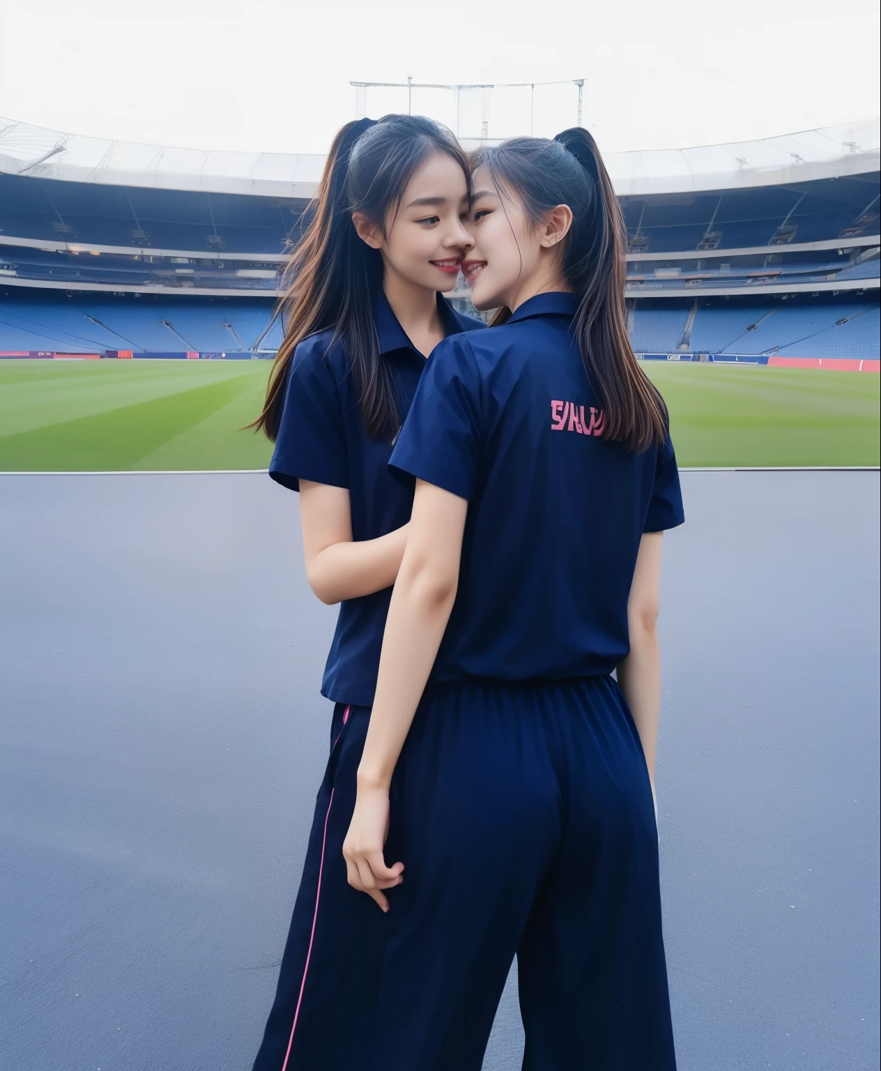 (bestquality,10,10,highres,masterpiece:1.2),ultra-detail,(Realistic,ภาพRealistic,photo-realistic:1.37),1 Cute girl in the football field,oily shiny skin,bara,light smile,BDclothelue shirt:1.3)),short sleeves,shirt, trousers.,(navy_long_ติดตามtrousers:1.1), ((Stadium Background:1.3)),dynamic angle,excited,face focus,Dynamic Poses,from behide,Ass Focus,masterpiece, bestquality, ultra realistic, hyper-detail, 8k resolution, RAW photo, crisp focus, ((Navy blue shirt:1.1)), short sleeves, เส้นทางlong, Complete bodyแบบ, 2 mature women, 18yo, cinematic light,trousersวอร์มสีน้ําเงิน,Gymware,Correct anatomy,Complete body, Correct body, sharp face, Correct bodyทางกายวิภาค, full entire body, Realistic gestures, long-haired, Realistic poses,Wear long shorts........................................,ช่วงขาlong,Shapely,Sculpting Girl, Slender Figure, mannequin mannequins, Shapely, Beautiful body,trousersวอร์มสีน้ําเงิน, Two girls kissing