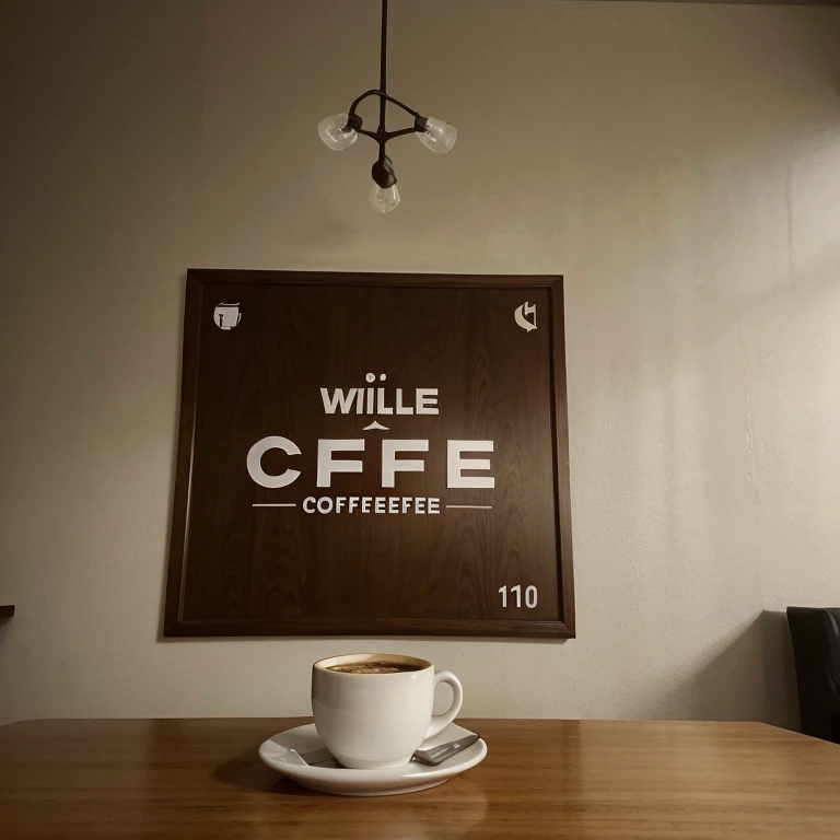 Create a coffee brand called will ,Will's coffee cup style ultra realistic, como se fosse uma foto em uma cafeteria, em cima da mesa. Escrito no copo Wil, foto realista, somente copo, escrito Wil, wil.marca wil no copo, written on the wall wil with coffee. logo no copo Wil, logo Wil, escrito Wil no copo