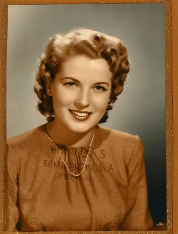 arafed photo of a woman in a brown dress smiling, 1950s photograph, ww2 era photograph, in her early 20s, 1940s photo, world war 2 portrait photo, photo from 1940s, vintage closeup photograph, 1 9 4 0 picture, archived photograph,color correct,color photo