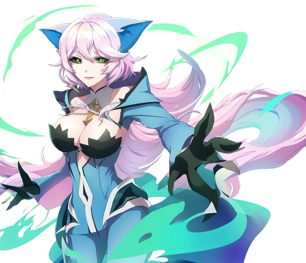 Cartoon drawing of a woman with white hair and a green sweater, [[[[sonriendo malvado]]]], Hembra Fursona, Chica de anime con cabello verde azulado, Anime Catgirl, Fursona!!!!, zorro blanco de pelo, Holo es una chica lobo, Fursona con ropa elegante, Chica anime con orejas de gato, en un estilo anime, unknown artstyle