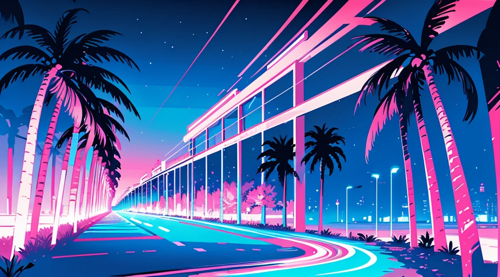 (cyberpunk road by the sea, pink glowing road, starry blue sky, big moon, palm trees), (low contrast, flat color, limited palette)
