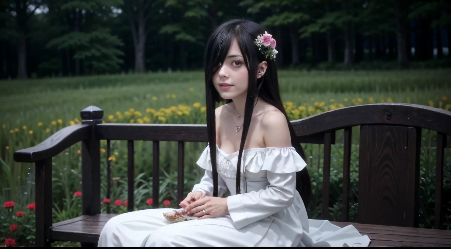 ((masterpiece,best quality)), absurdres, Sadatsuka_Nao_Shokugeki, 1girl, solo, black hair, long hair, hair over one eye, red eyes, @_@, solo, smiling, blushing, looking at viewer, cowboy shot, at the park, sitting, wedding dress, flowers, garden, off-shoulder dress, medium breast, cleavage