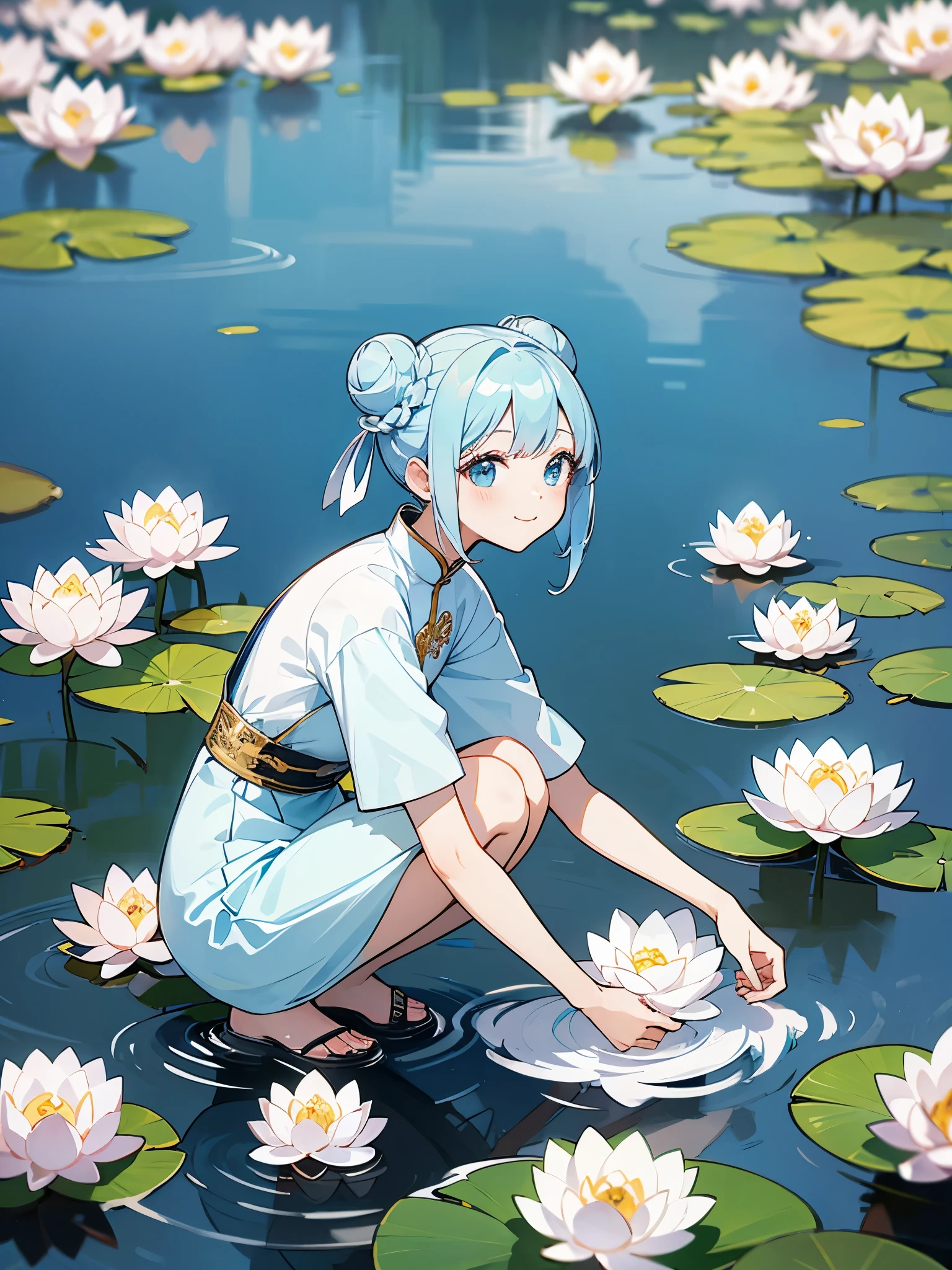 Women in Their 20s、lightblue hair、Hairstyle is a bun on the left and right、Wearing Ao Dai、squatting、there is a small pond(Lotus flowers are floating)、Smile