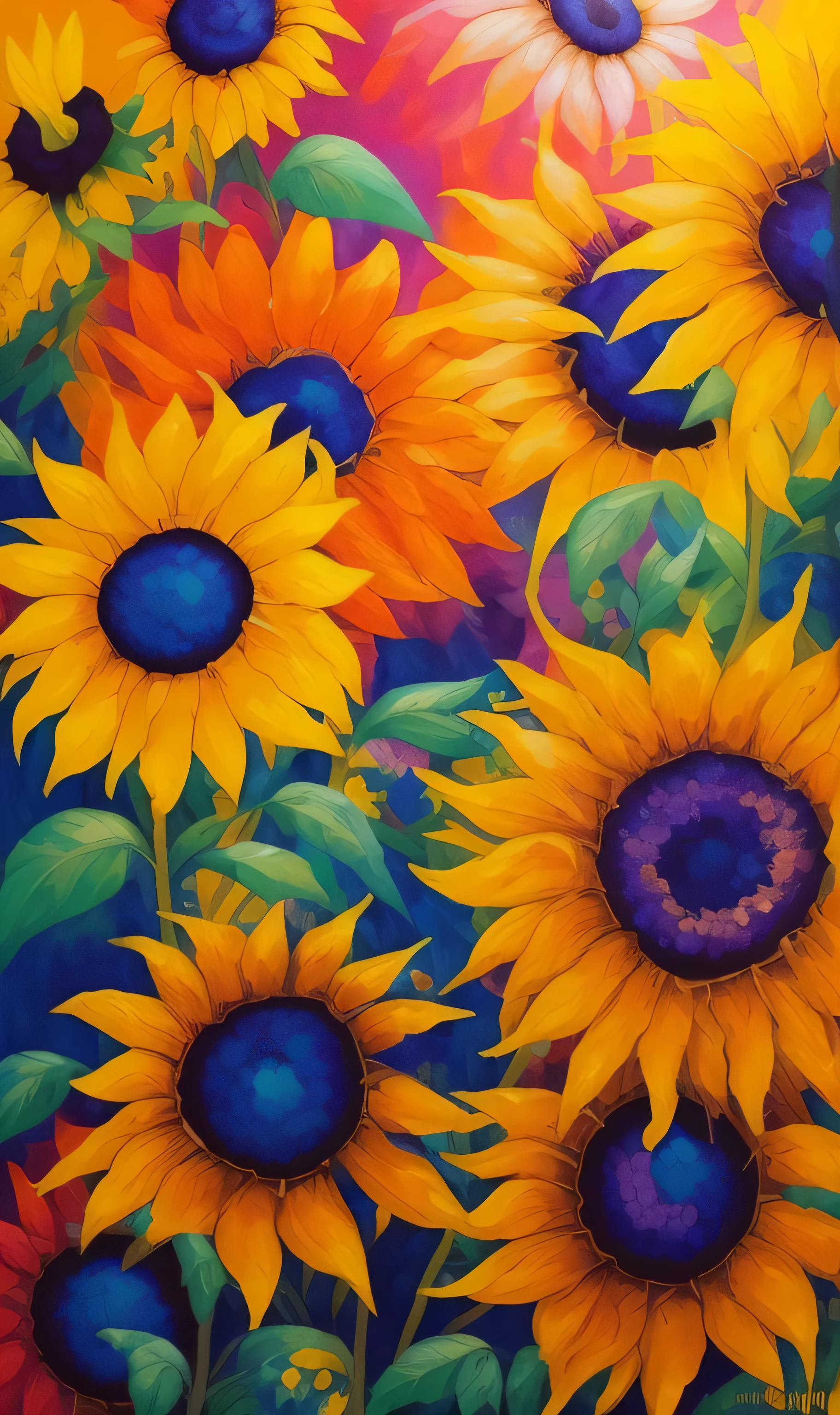 painting of a bunch of himawari with a blue center, crystallic himawari, vibrant oil painting, colours: yellow himawari, colours : yellow himawari, himawari, himawari in the background, rich bright sunny colours, vibrant and rich colours, vibrant deep saturated colours, Just a joke, bright colours oil on canvas, strong and vibrant colours, warm and vibrant colours, rich vibrant colours