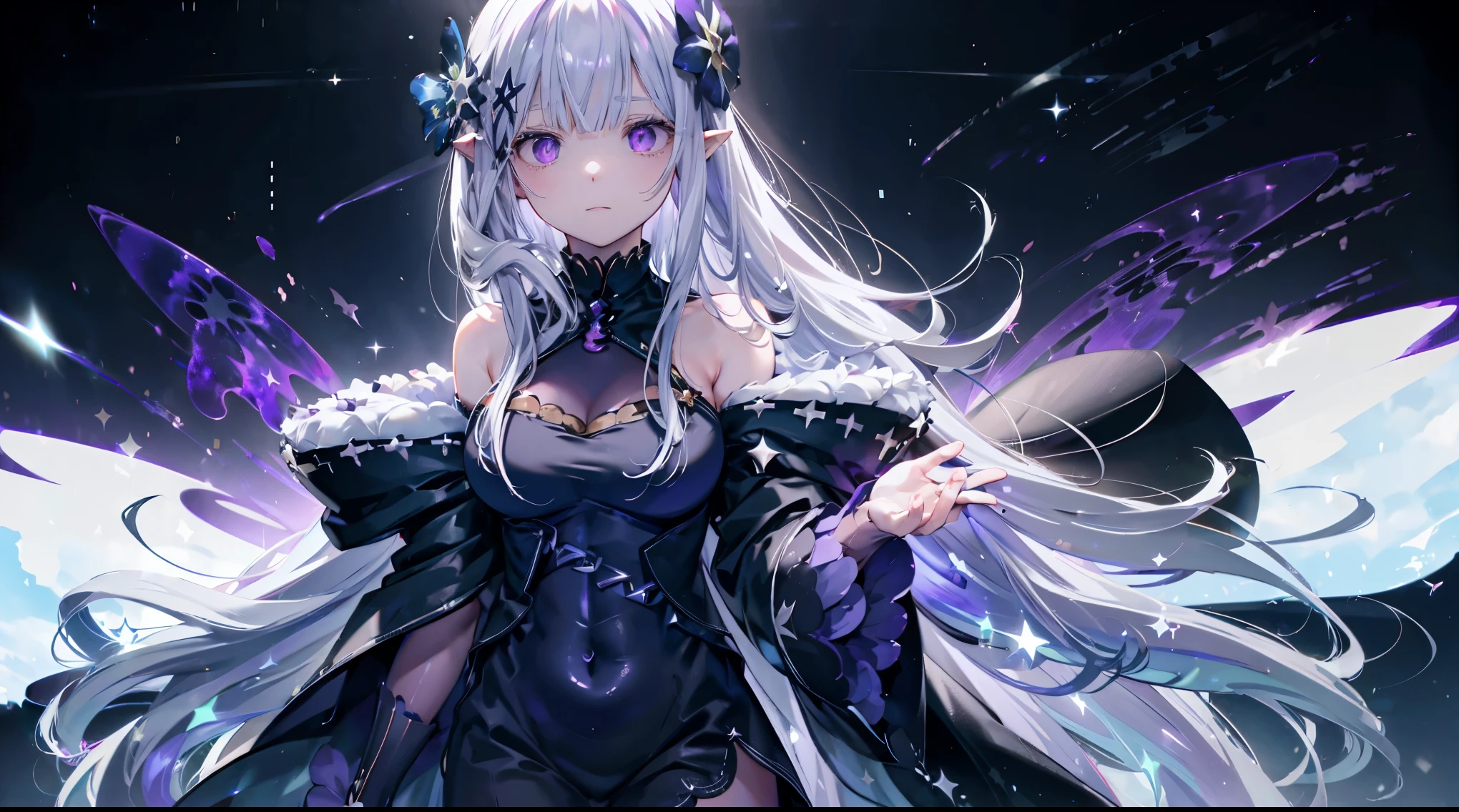 (satella_rezero),
satella, hair flower, hair ornament, hair ribbon, long hair, (purple eyes:1.2), pointy ears, black flower, x hair ornament,
BREAK bare shoulders, detached collar, dress, long sleeves, navel, black dress, shoulder cutout, wide sleeves,
BREAK (Galaxy:1.6)
BREAK looking at viewer, (cowboy shot:1.5),
BREAK (masterpiece:1.2), best quality, high resolution, unity 8k wallpaper, (illustration:0.8), (beautiful detailed eyes:1.6), extremely detailed face, perfect lighting, extremely detailed CG, (perfect hands, perfect anatomy),