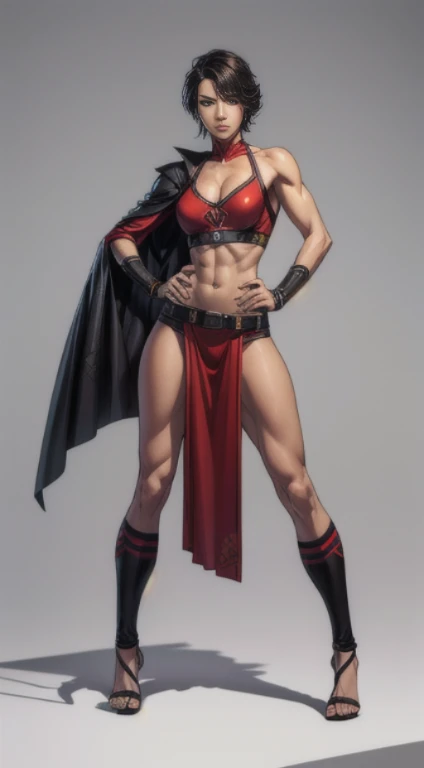 no background, background clean, standing character full body ((solo)), warrior female beautiful adult, perfect fitness body, beautiful charming cute face, serious face, short black hair, pretty detail eyes, beautiful detailed lips, extremely detailed eyes and face, red armor knight, bare legs, bare abdomen, leather sandals