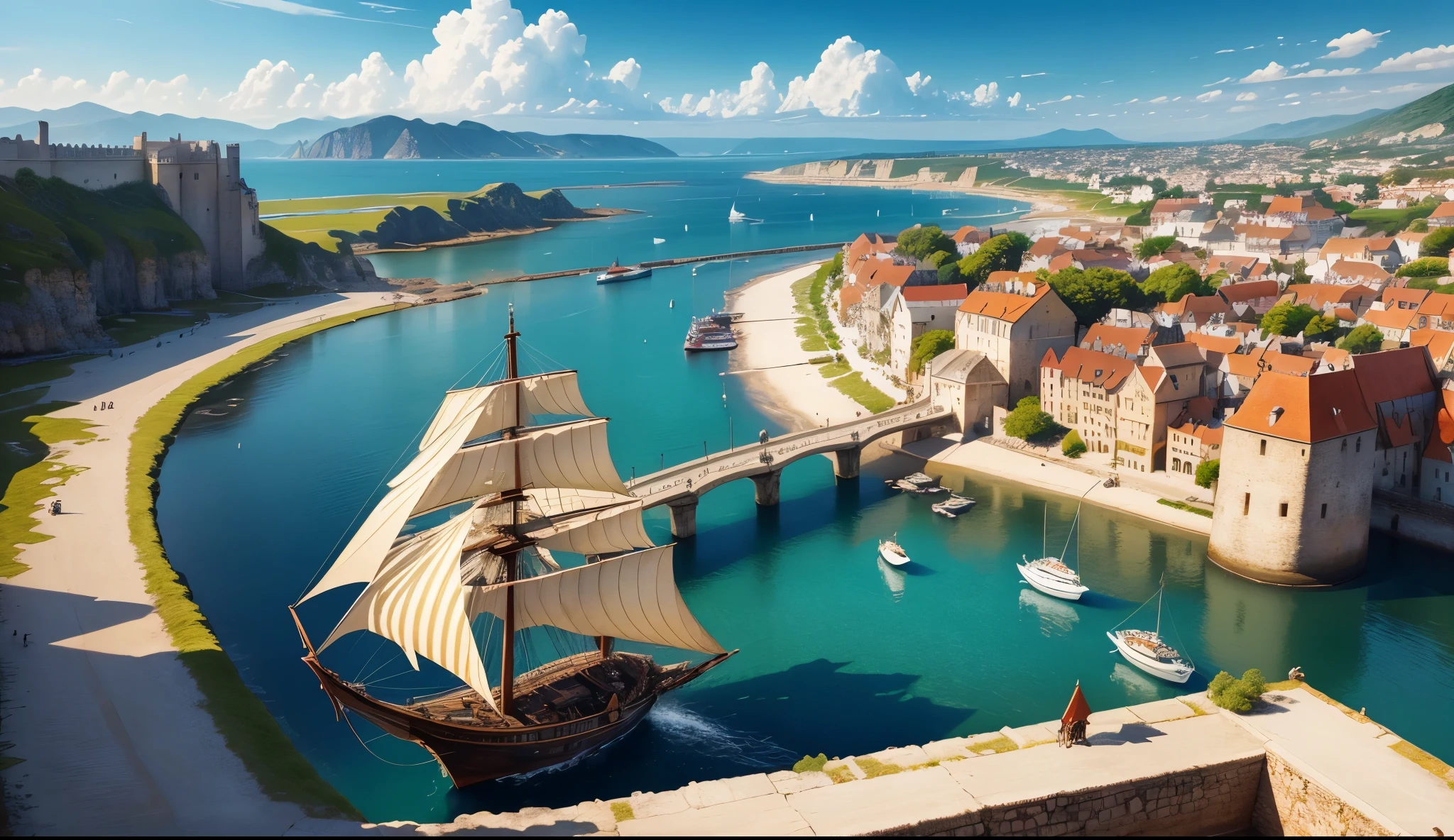 tmasterpiece, quality, Best quality at best, offcial art, Beautiful and beautiful:1.2, extremely detaile, (s fractal art:1.3) Western European medieval style的港口, Age of Discovery Medieval Port,Timber frame building,Western European medieval style,.Boats of various sizes docked at the shore,The distant ocean meets the sky, The medieval-style port scenery of the Age of Discovery is a picture full of history、culture、Picture scroll of natural and human elements.