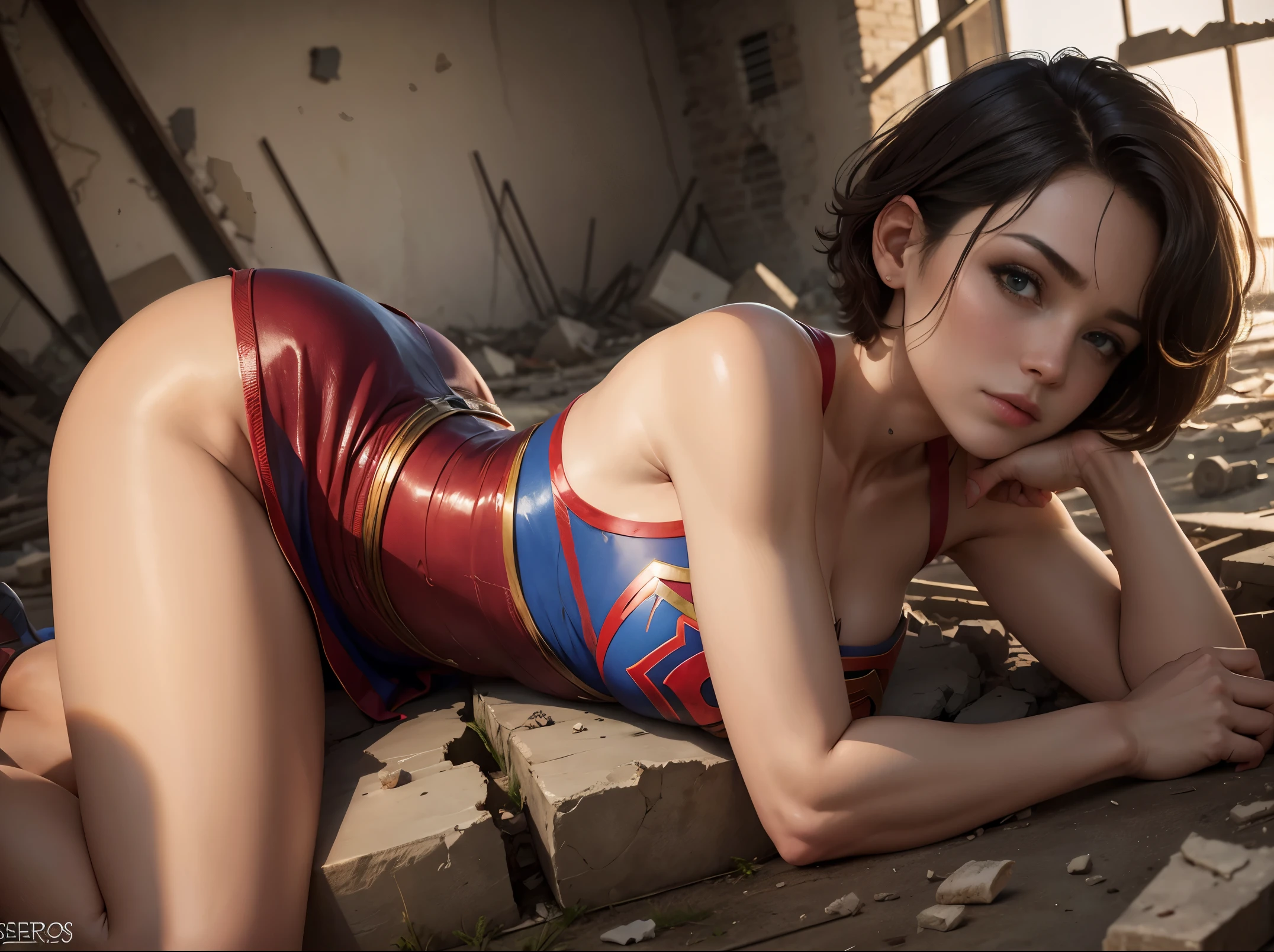 obra prima、Short-haired Supergirl lying in a completely destroyed ruin、seios grandes e cheios、looking at the camera、Traje brilhante、Traje esfarrapado、ferido、Full of scratches、Virando a virilha、