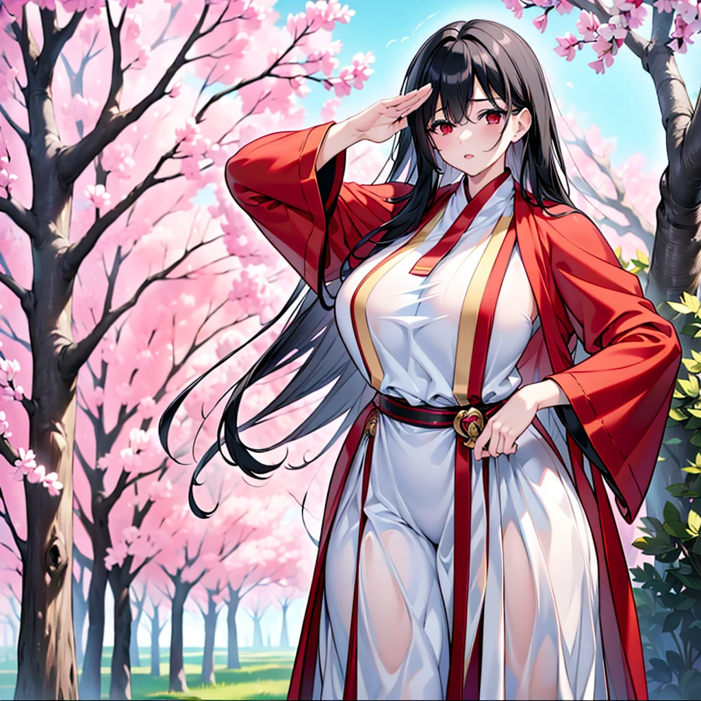(8K, Best quality, tmasterpiece:1.2),\(Eyes detailed\),\(facial feature\),(\(Clothes detail details\)\),1 girl,Alone,Full body lesbian,black hair color hair,long, hair straight,red eyes,Moro Liberation Front Moro Liberation Front ,,Transparent wet clothes,Willow waist,Plump and mature body,(witch clothes:1.35),Putting up with,face flushed,Permanent,Salute