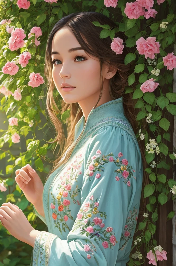 A girl in a garden,embroidery art:1.1,delicate detailed stitching,exquisite colors and patterns,beautifully embroidered flowers and vines,soft and flowing fabric,traditional embroidery techniques,artistic embroidery style,masterpiece:1.2,(realistic,photorealistic,photo-realistic:1.37),ultra-detailed,floral motifs,vibrant color palette,subtle shading and highlights,emphasize texture and dimension,peaceful and serene ambiance,soft natural lighting