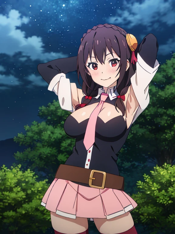 Yunyun, 1girl, solo, portrait, cowboy shot, big breasts, looking at viewer, crown braid, shirt, collar, juliet sleeves, cleavage cutout, low twintails, pink miniskirt, thighhighs, necktie, belt, wavy mouth, blushing, perfect quality, good quality, masterpiece, HDR, UHD, contrapposto, smile, spread armpits, arms behind head, forest, night sky,