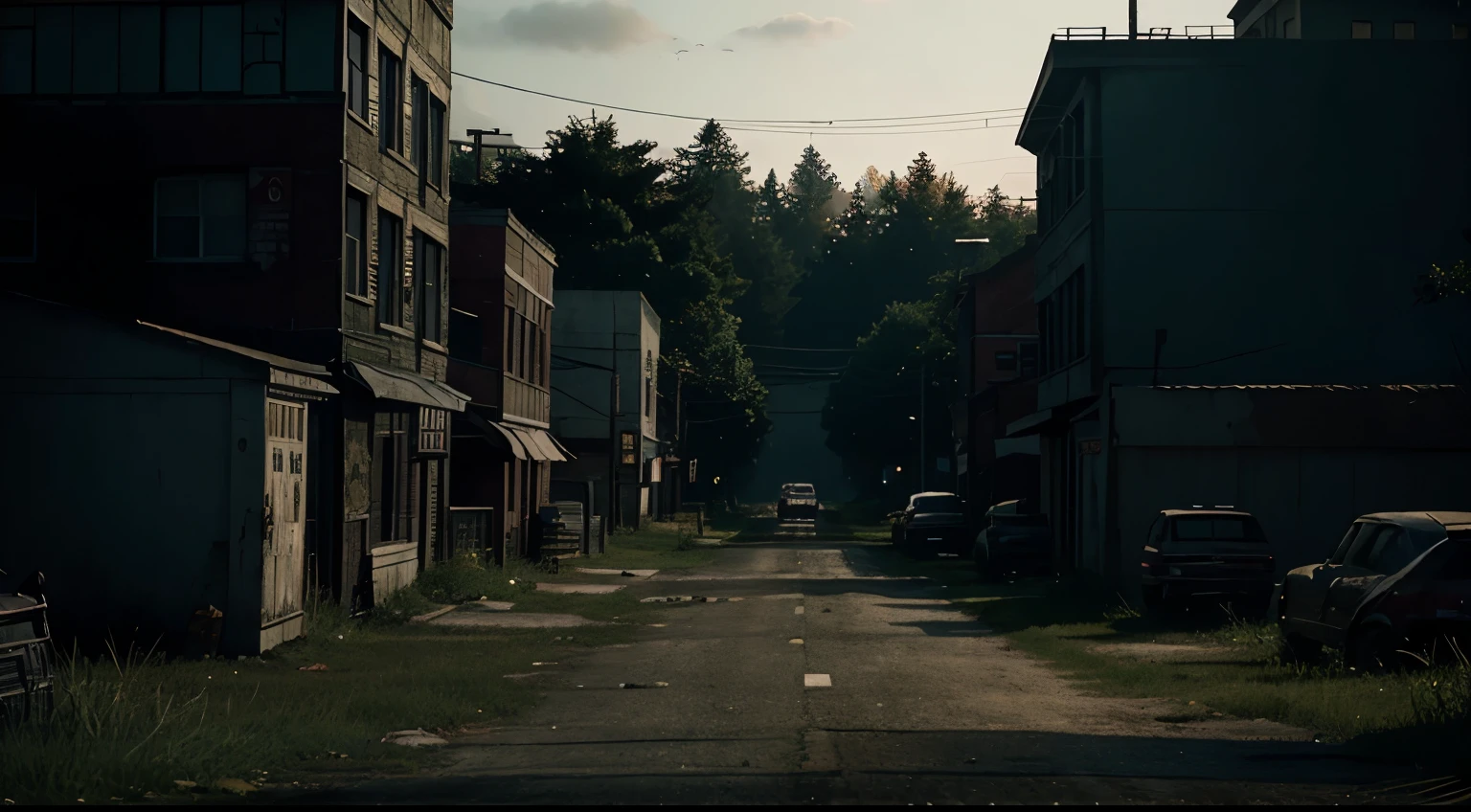 The past is no longer in style、Game main menu、There are zombies in the dark distance,Nearby are American-style rural buildings,There is reasonable blood in the picture
