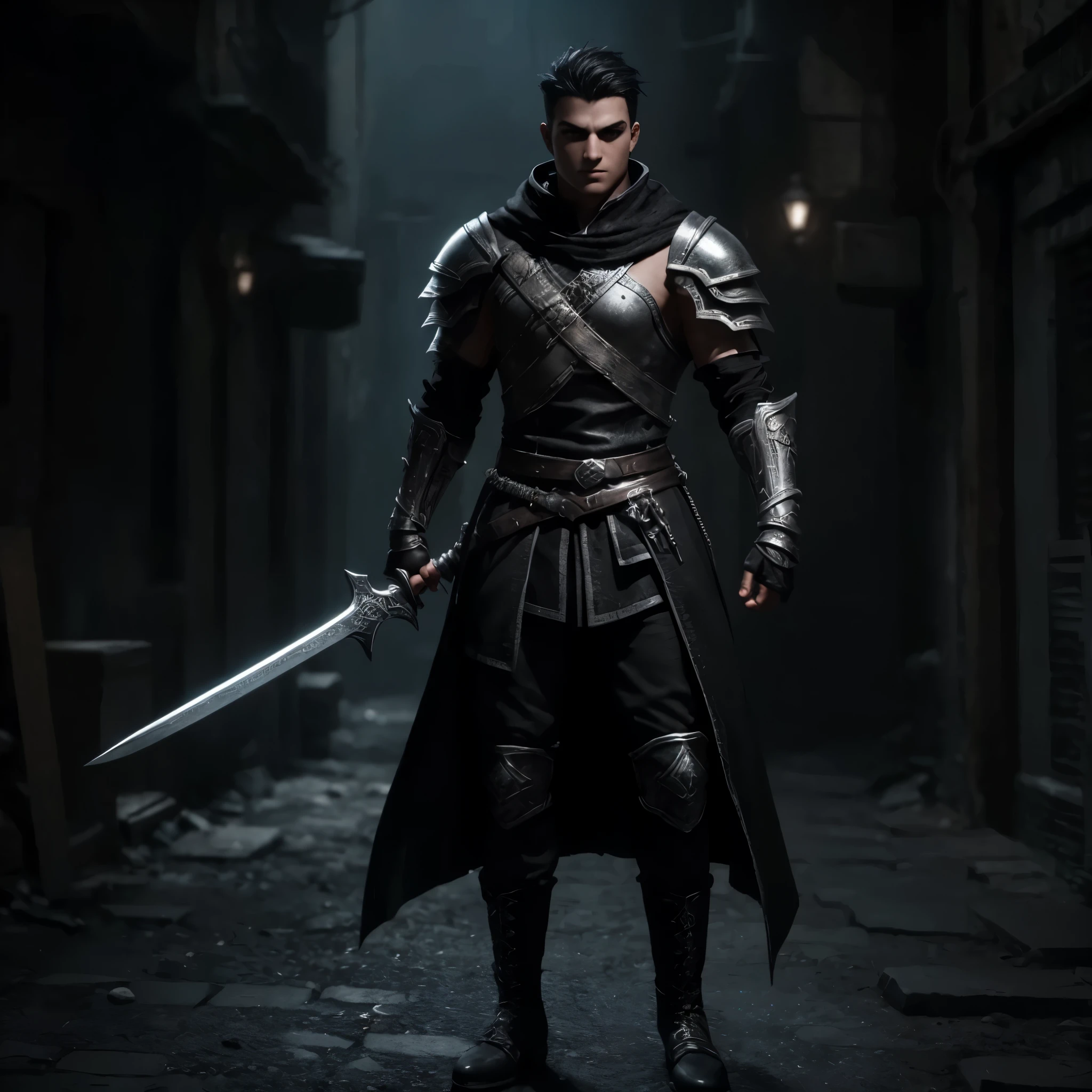 Super detail 16k ultra hd boy rpg style super detailed face detailed symmetrical eyes marked jaw dark eyes silver armor on the chest well detailed cracks black hair shaved to the side shabby dark clothes holding a large sword confident expression on the face dark boots full body image walking fantasy dark night rpg city background