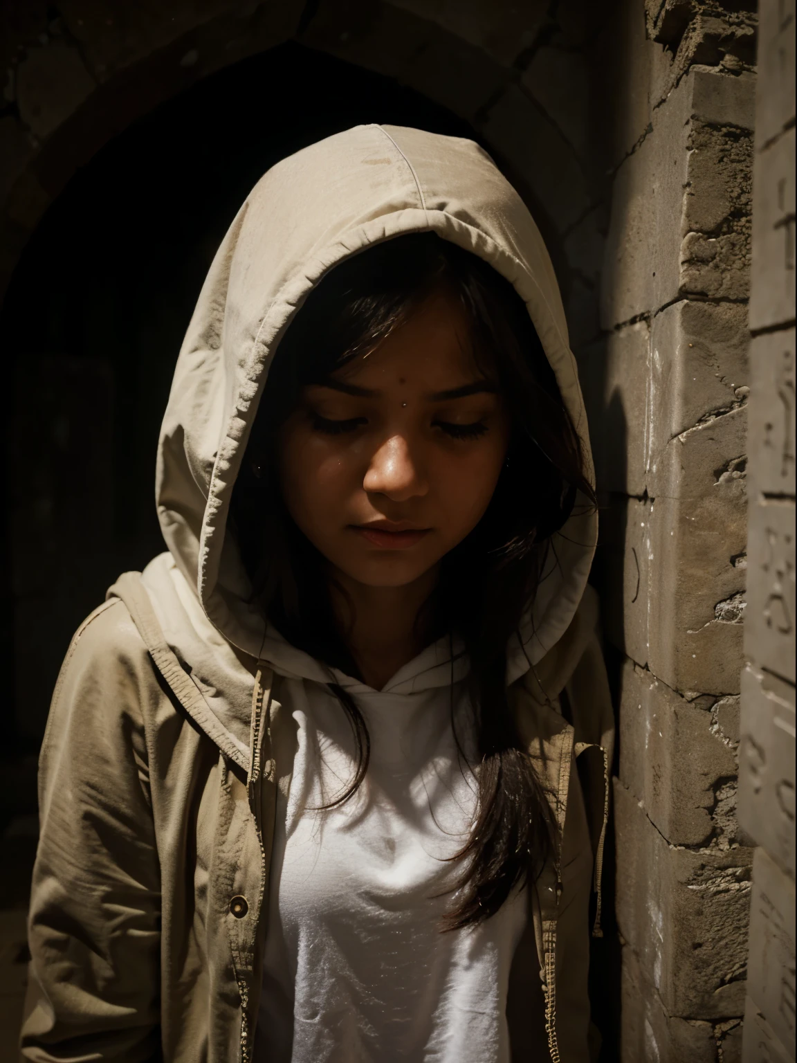Hooded daughter, crying in the tomb of her father named Sunardi