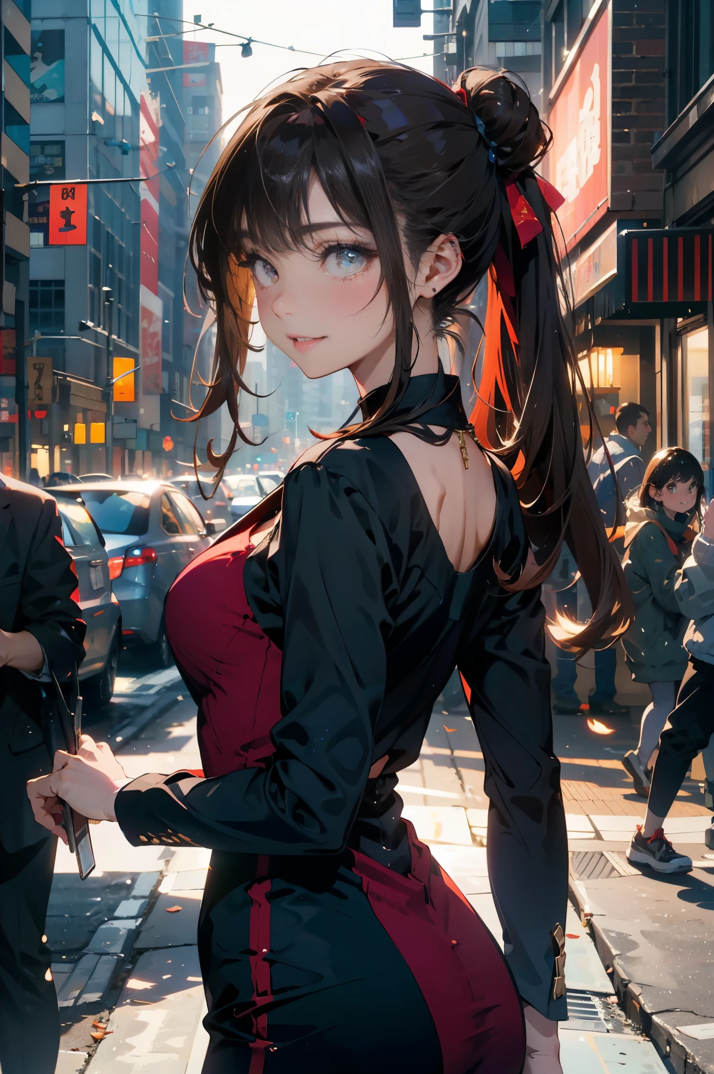 a beautiful woman with long black hair, wearing a tight red dress, standing holding a pistol, aiming the barrel at the bad guys, on a tall building, the sun is setting, close up.