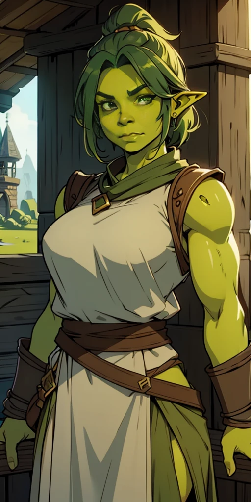 Solo, female, (orc, green skin), linen tunic, fantasy village, muscular, armor