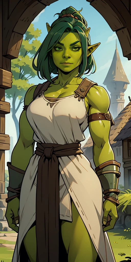 Solo, female, (orc, green skin), linen tunic, fantasy village, muscular, armor