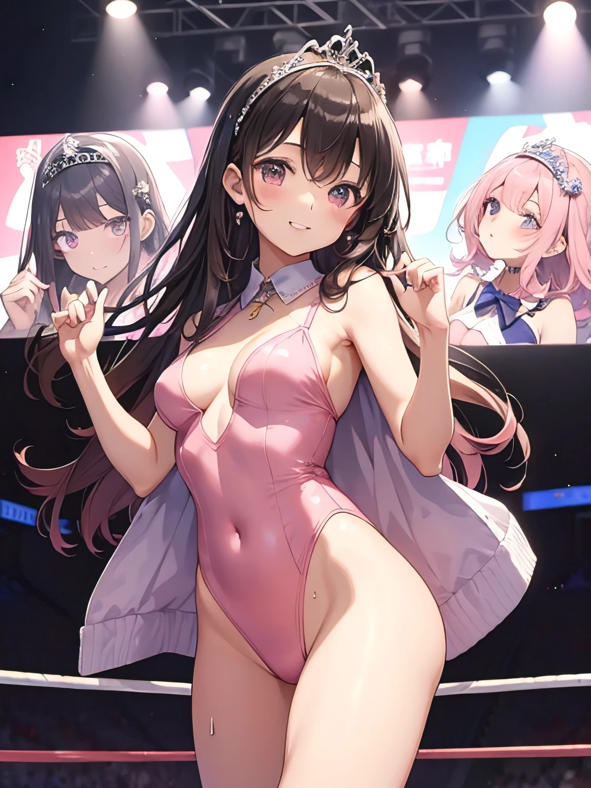 top-quality、extremely delicate and beautiful、Soio、Soio、8-year-old 、japanes、Lori、Chiquita、noble、elementary student、A dark-haired、((pink torn leotard))、(sweaty high legs)、Tiara on the head、A triumphant smile、is standing、Facing the front、Raise your right hand high、The background is professional wrestling、spectator seats