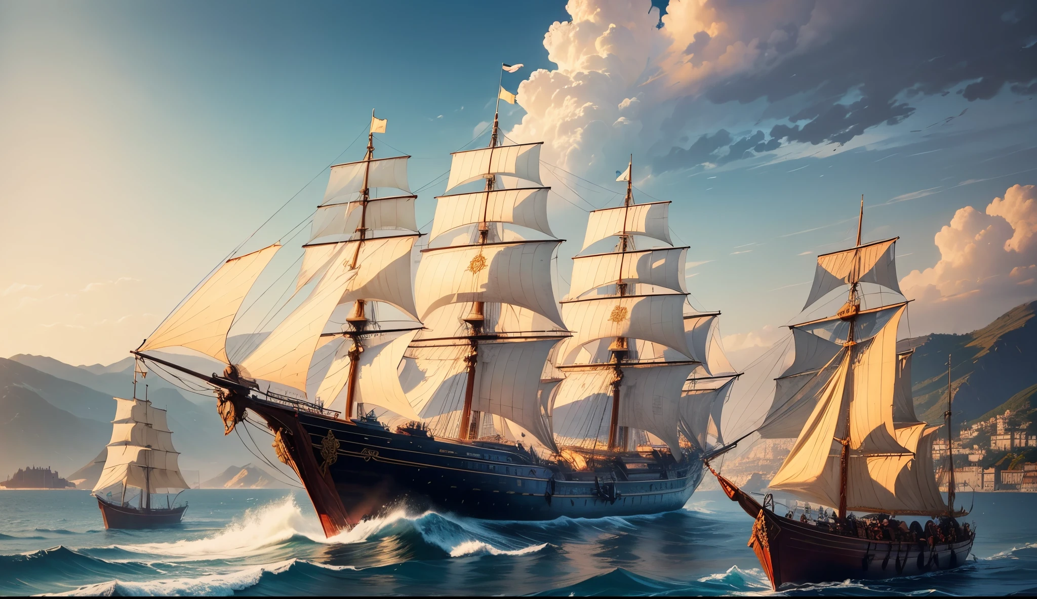 tmasterpiece, quality, Best quality at best, offcial art, Beautiful and beautiful:1.2, extremely detaile, (s fractal art:1.3) Western European medieval style的港口, Age of Discovery Medieval Port,Timber frame building,Western European medieval style,.Boats of various sizes docked at the shore,The distant ocean meets the sky, The medieval-style port scenery of the Age of Discovery is a picture full of history、culture、Picture scroll of natural and human elements.
