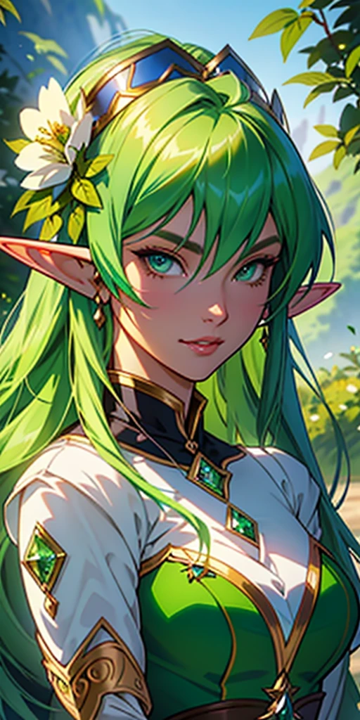 a close up of a woman with green hair and a green dress, Elf Girl, Extremely detailed Artgerm, alluring elf princess knight, fairy queen, An elf queen, wlop rossdraws, Female elf, Elf Princess, Artgerm on ArtStation Pixiv, elf girl wearing an flower suit, Fanart Meilleure ArtStation, portrait of an elf queen