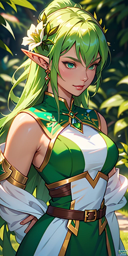 a close up of a woman with green hair and a green dress, Elf Girl, Extremely detailed Artgerm, alluring elf princess knight, fairy queen, An elf queen, wlop rossdraws, Female elf, Elf Princess, Artgerm on ArtStation Pixiv, elf girl wearing an flower suit, Fanart Meilleure ArtStation, portrait of an elf queen