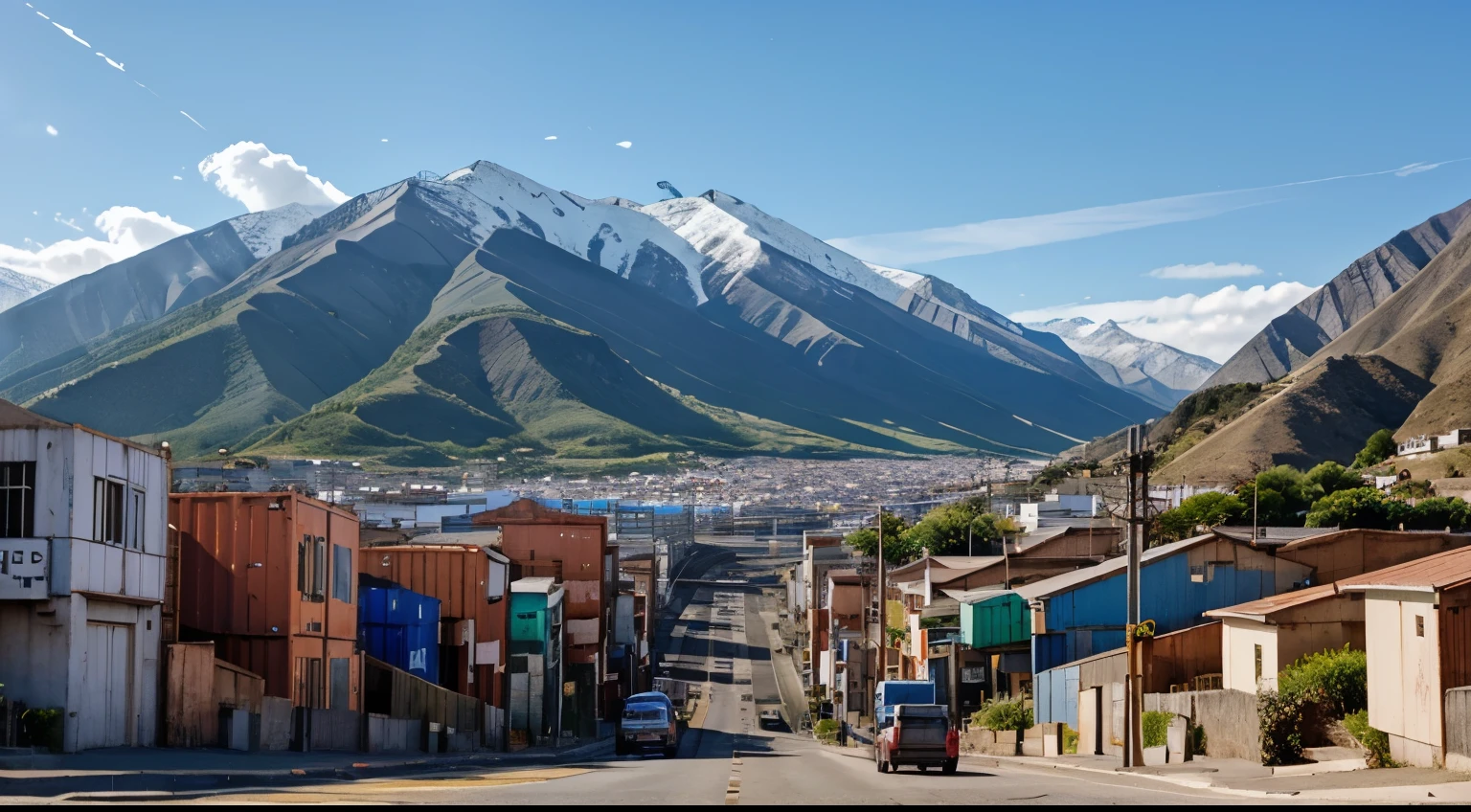 Riverside town,there are many ports,There are containers in the port,There are many mountains on the back,There is a winding road from the ground to the mountain,There are high-voltage cables and power stations on both sides of the road