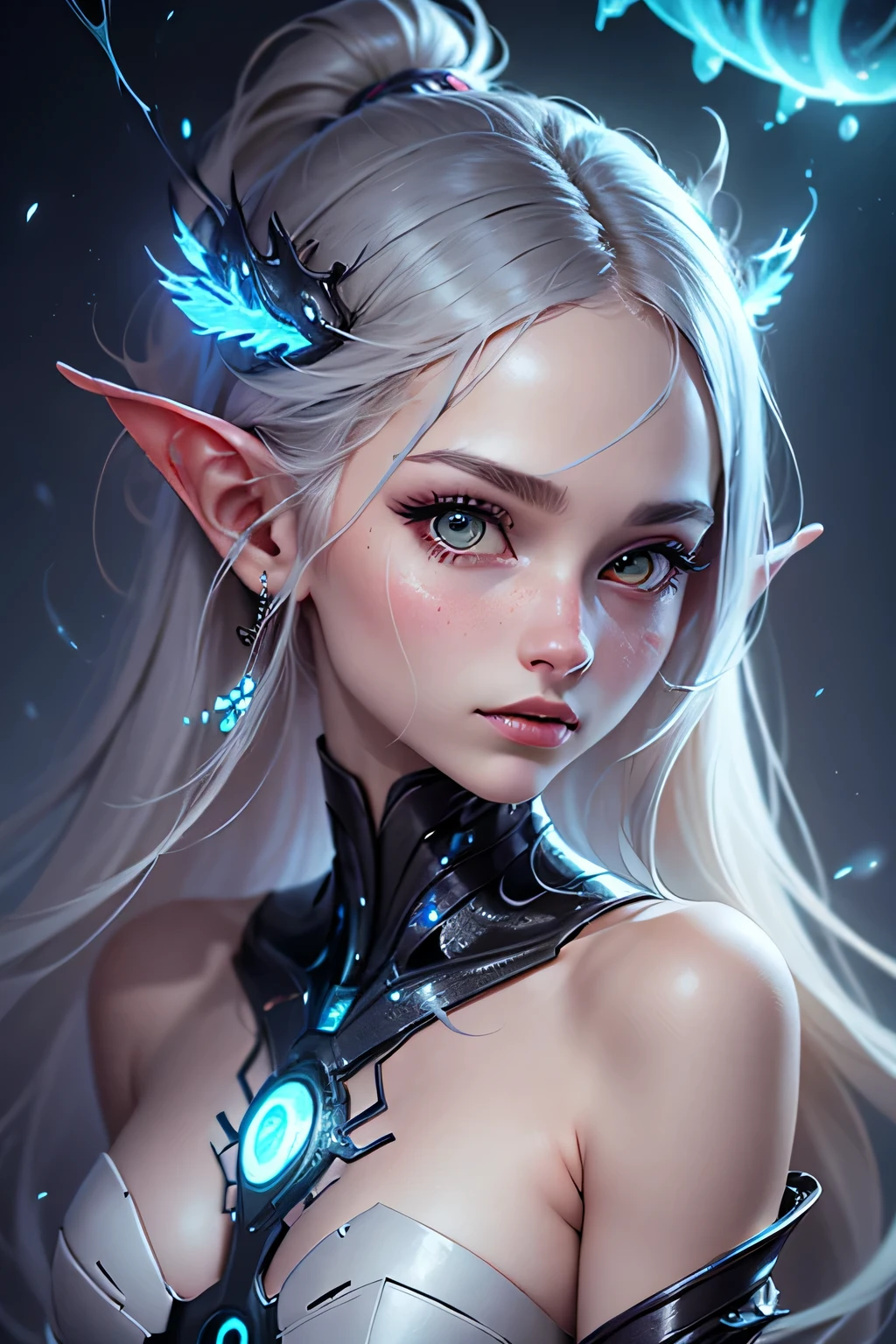 (ultra-high resolution, photoRealistic, Realistic, best quality, photoRealistic), (8k, Foto RAW, best quality, master part), (photon maping, radiosidade, Physics-based rendering, auto white balance), technological sense , best quality , master part, illustration, CG, unidade, papel de parede, Arte Oficial, Amazing, detalhes finos, extremamente delicado e bonito, extremamente detalhado, altamente detalhado, foco nítido, fundo rico, Fundo desfocado, (pessoa real, fotografia), ((( altamente detalhado skin, visible pores))),((seios pequenos)),Your face combines the grace of youth with the wonders of biotechnology. Seus olhos brilham com um brilho bioluminescente, signaling the symbiotic relationship between her and the living technology she uses. Sua pele carrega um leve, brilho iridescente, revealing the intricate network of bioluminescent veins that run beneath the surface. From his temples extend thin, tentacle-like appendages made from a combination of organic tissue and synthetic materials, serving as conduits for his biomechanical creations. The upper body features a jumpsuit adorned with organic patterns that merge perfectly with the mechanical components, refletindo a harmonia entre natureza e tecnologia. Gavinhas vivas se enroscam em torno dela, helping her in engineering marvels beyond imagination.