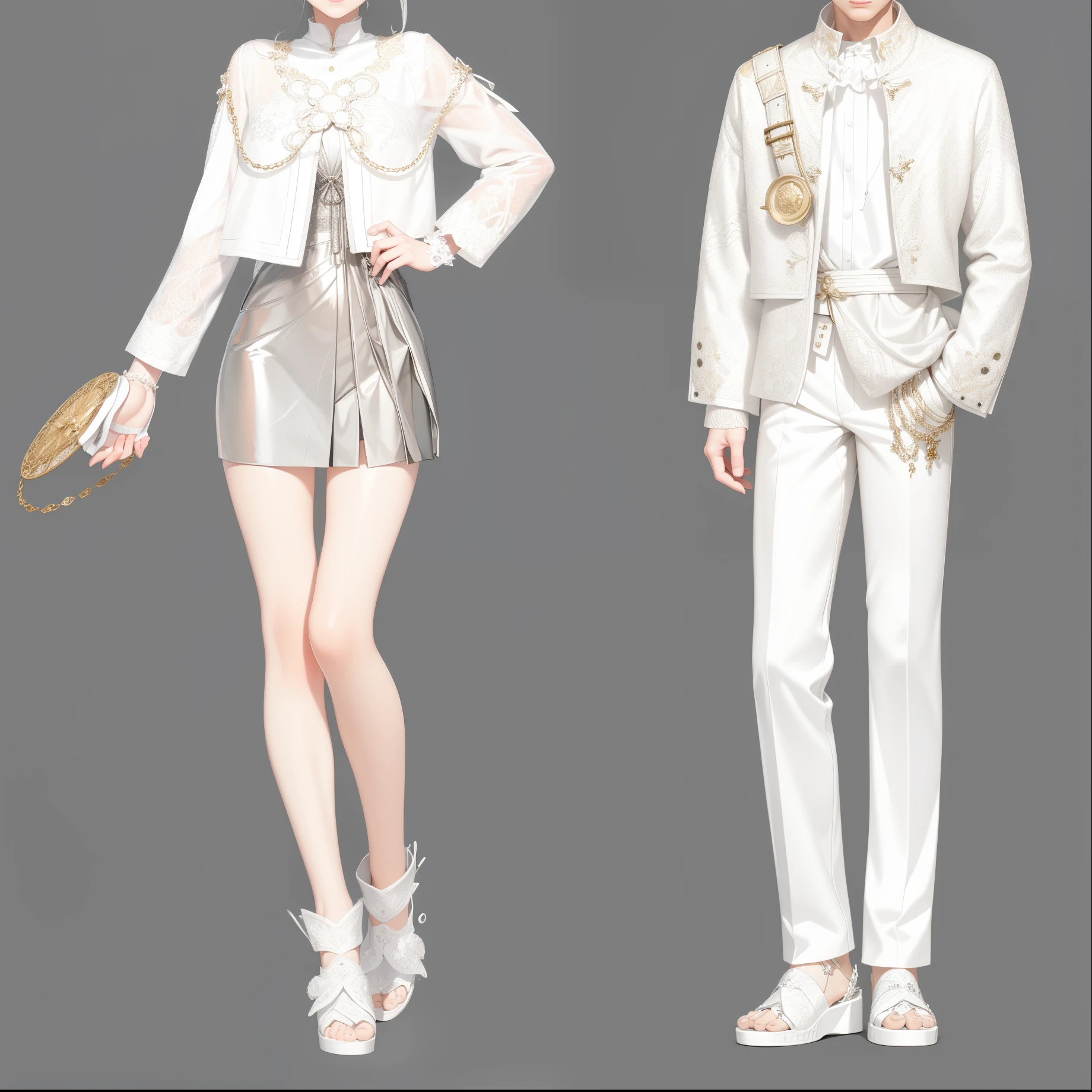 几个穿着white clothes的人的动漫风格插画, fashion concept art, 清晰的clothing design, lunar themed attire, clothing design, very detailed and rich clothing, Meticulous clothes, clothing concept, Style Games Square Enix, clothes high detail, white clothes, detailed full body concept art, White fashion clothes, fashion study, Detailed fashion illustration, casual white garment