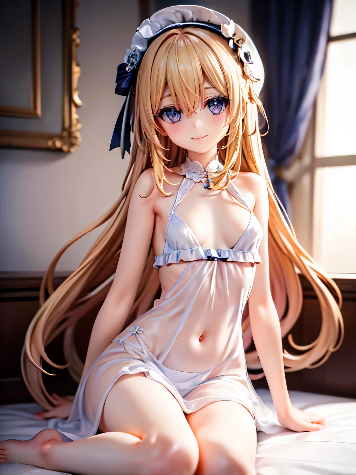extremely delicate and beautiful, depth of field, barbara_genshin, A young girl with small breasts in a colored semi-transparent nightgown sleeping on a bead, slender body, perky tits, (((small breasts))), detailed eyes, masterpiece, ultra-detailed, ultra quality, HD, Nikon, realism, nsfw, smiling, blonde_hair, blue_eyes, bangs, long_hair, naughty pose, add_detail:1, tits out, real skin texture, perfect limbs, perfect anatomy