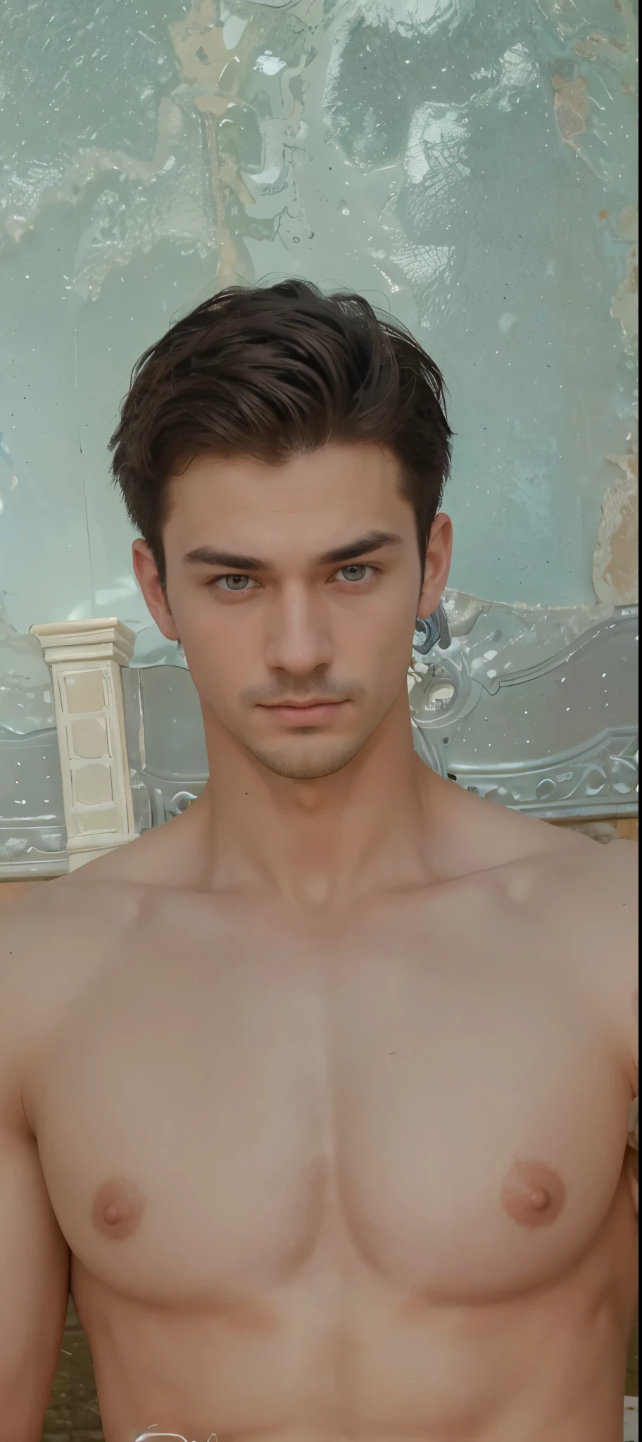 (absurderes, A high resolution, Ultra detailed, hdr), Masterpiece, Best quality, Portrait of a boy, Handsome boy with red eyes, Little Bearded and Mustached, Detailed face, Professional photo, The Arafed man went into battle shirtless, Fight comfortably，legs are open, (puffynipple(From below:1.1)), Focus on your audience,18 year old boy, Handsome boy, [ A well-defined body ]，Light blue shirt opening，Abs，chest muscle，short white pants，large bulge，Black leather shoes，Close-up of feet，prinz，silber hair,