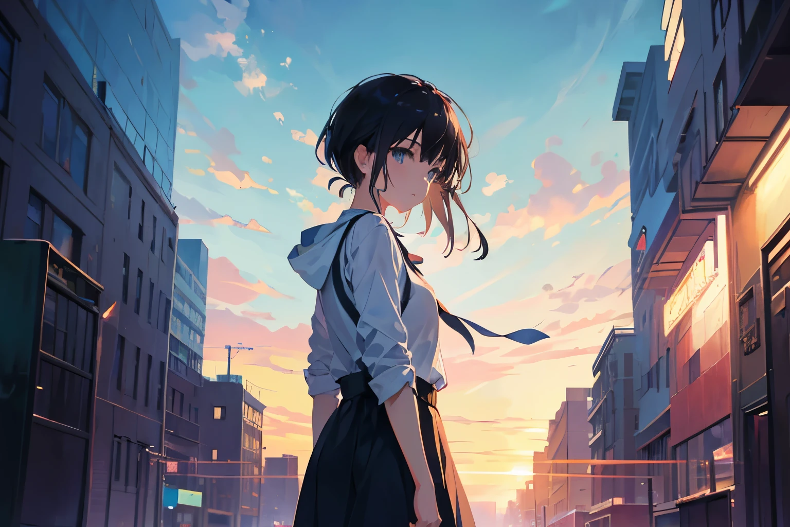 Create exquisite illustrations reminiscent of Makoto Shinkai's style, It has ultra-fine details and top-notch quality. Create a high-quality illustration of a young girl strolling through a deserted city in the early morning, emanating an overall sense of nostalgia and subtlety. Craft a masterpiece with meticulous attention to detail, capturing the quiet beauty of the moment. The artwork should reflect a tranquil atmosphere, showcasing the serenity of the empty streets and the girl's contemplative journey. Aim for the best possible quality to deliver a poignant and evocative visual narrative.
