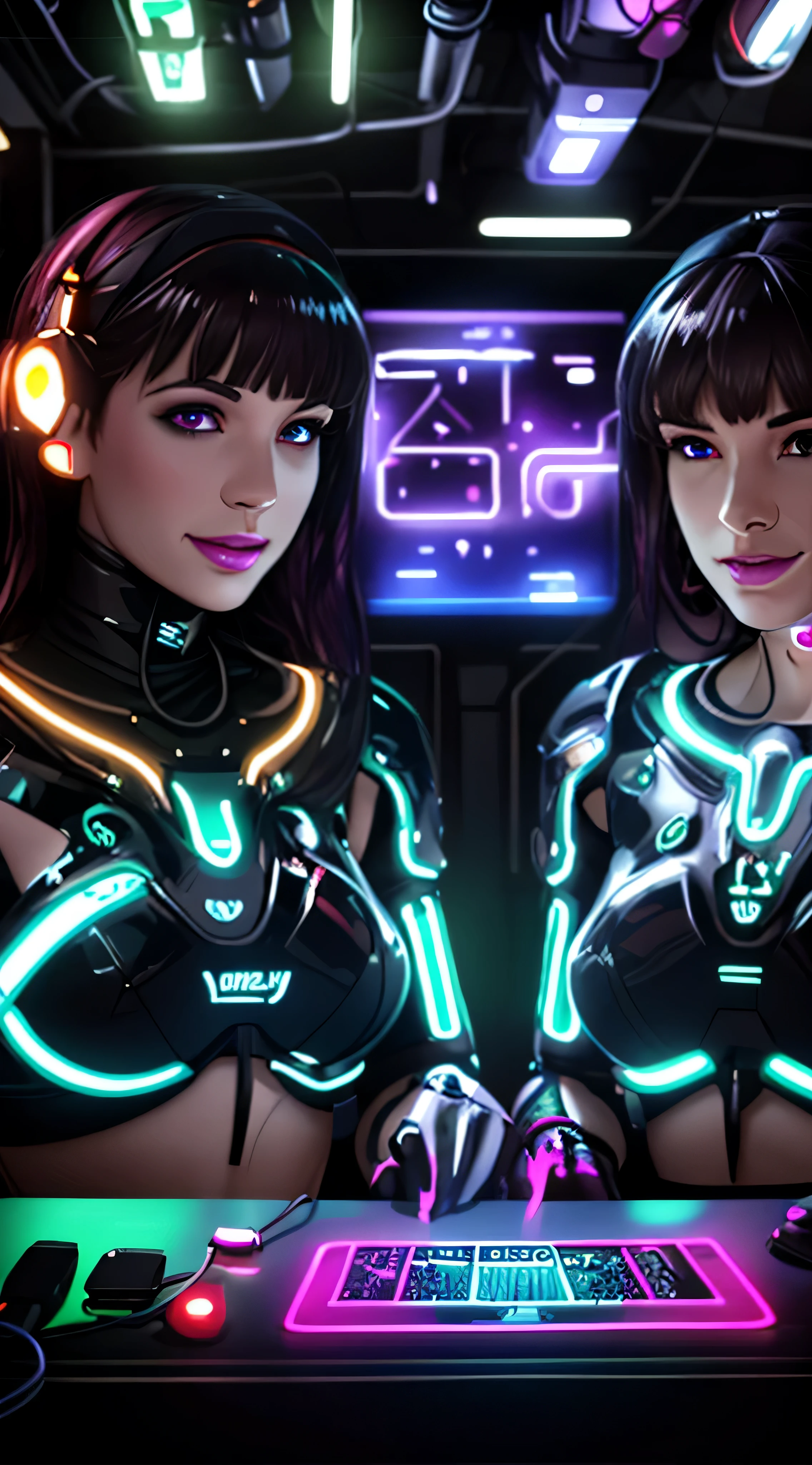 Ultra high definition 4k image of Best quality: they are two women in a sci - fi themed room with a computer, cybersuits, beautiful sci - fi twins, cyber style, cyber suit, diverse cybersuits, cyber universe style, neon cybernetic implants, cyberpunk women, sci-fi night club, cyber space, cybernetic glowing, cyber neon lighting, cyber punk setting, cyber neon lights