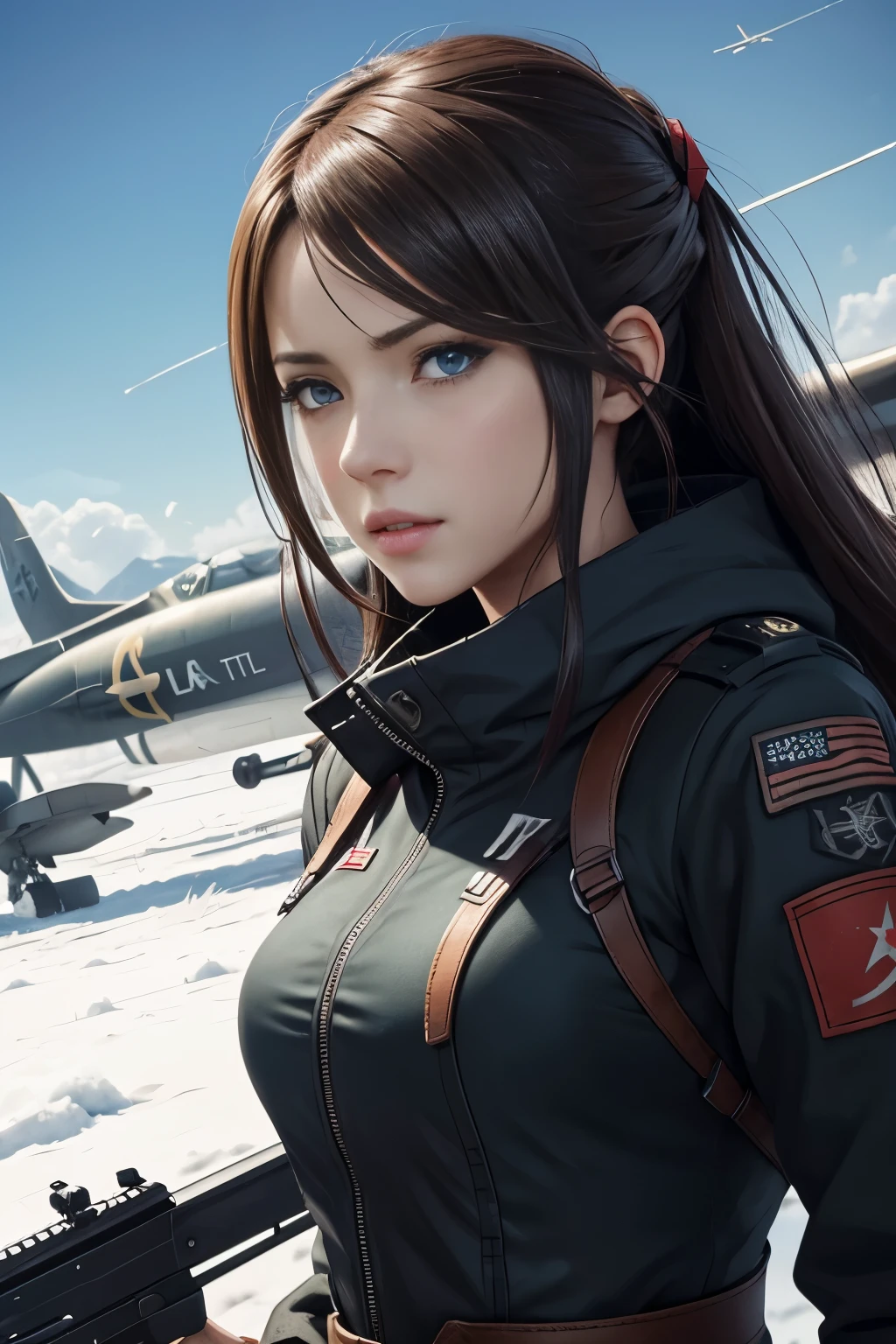 (8k, La mejor calidad, Obra maestra:1.2) personajes de anime labios rojos gruesos y calientes Ojos 4k y cara extremadamente detallados,hermosos ojos azules hermosos ,con pechos enormes muslos hechizantes cuerpo completo en la nieve con un rifle, (aviones de combate) Desde NCSOFT, De Girls Frontline, Ilustraciones oficiales HDR,