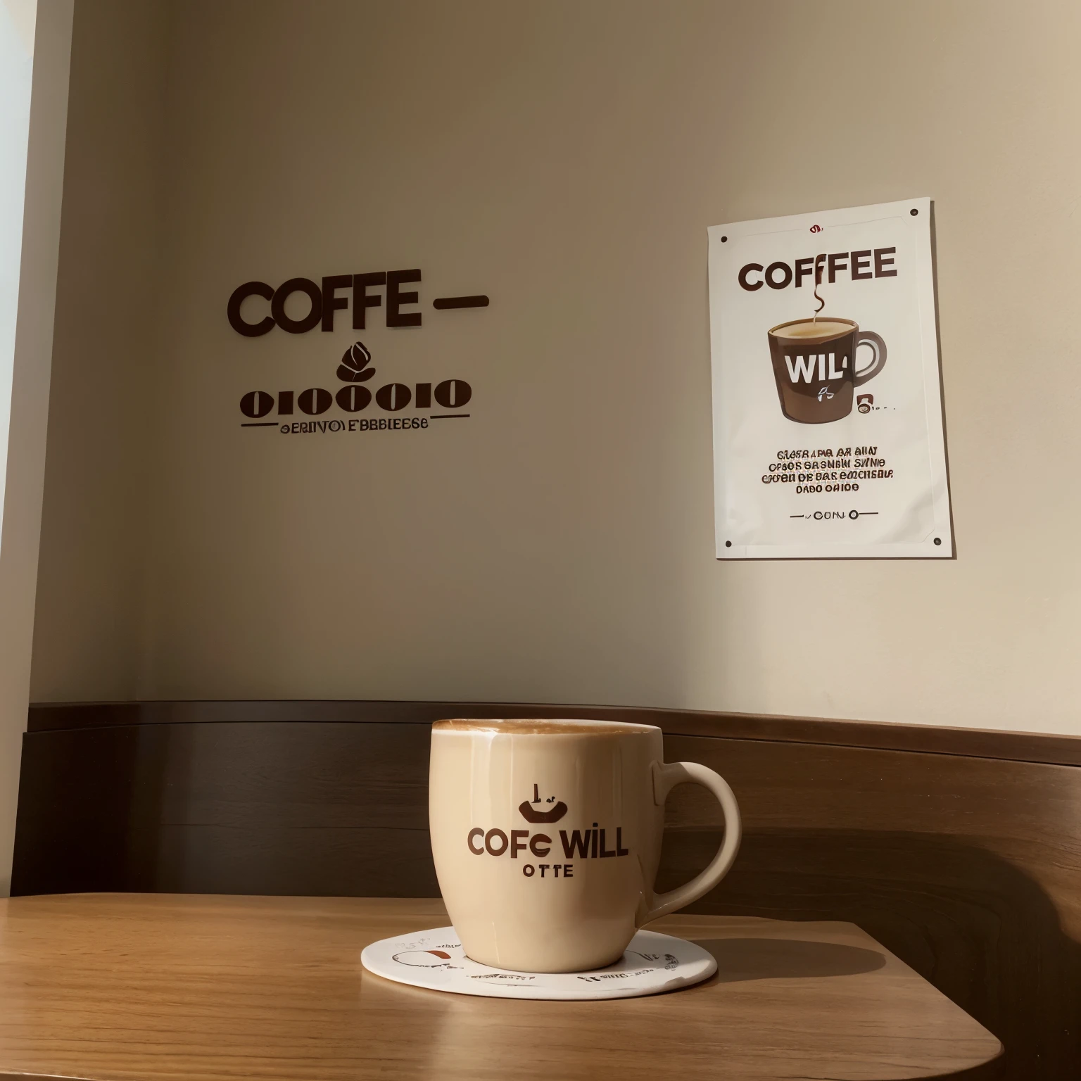 Create a coffee brand called will ,Will's coffee cup style ultra realistic, como se fosse uma foto em uma cafeteria, em cima da mesa. Escrito no copo Wil, foto realista, somente copo, escrito Wil, wil.marca wil no copo, written on the wall wil with coffee. logo no copo Wil, logo Wil, escrito Wil no copo, logo no copo escrito Will, escrito Will, logo Wil, wlil coffee,