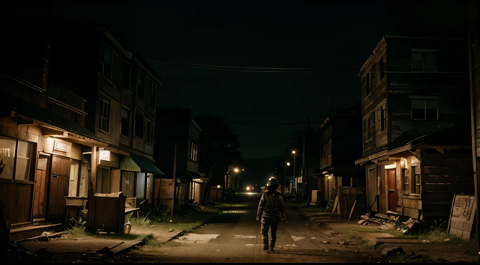The past is no longer in style、Game main menu、There are zombies in the dark distance，There are American country wooden buildings nearby.，There are blood stains in the picture, which is reasonable，The picture is brighter，