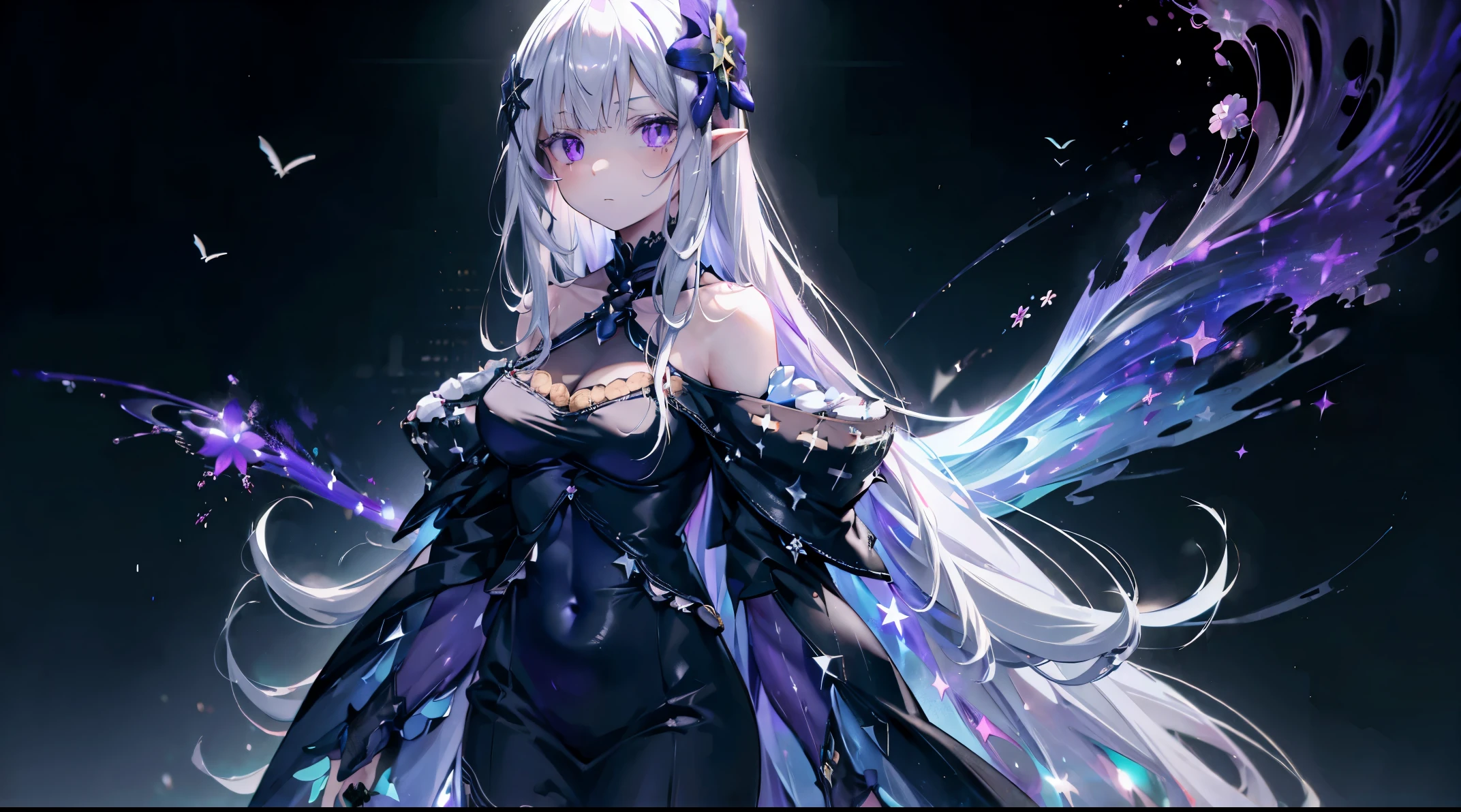 (satella_rezero),
satella, hair flower, hair ornament, hair ribbon, long hair, (purple eyes:1.2), pointy ears, black flower, x hair ornament,
BREAK bare shoulders, detached collar, dress, long sleeves, navel, black dress, shoulder cutout, wide sleeves,
BREAK (Galaxy:1.6)
BREAK looking at viewer, (cowboy shot:1.5),
BREAK (masterpiece:1.2), best quality, high resolution, unity 8k wallpaper, (illustration:0.8), (beautiful detailed eyes:1.6), extremely detailed face, perfect lighting, extremely detailed CG, (perfect hands, perfect anatomy),