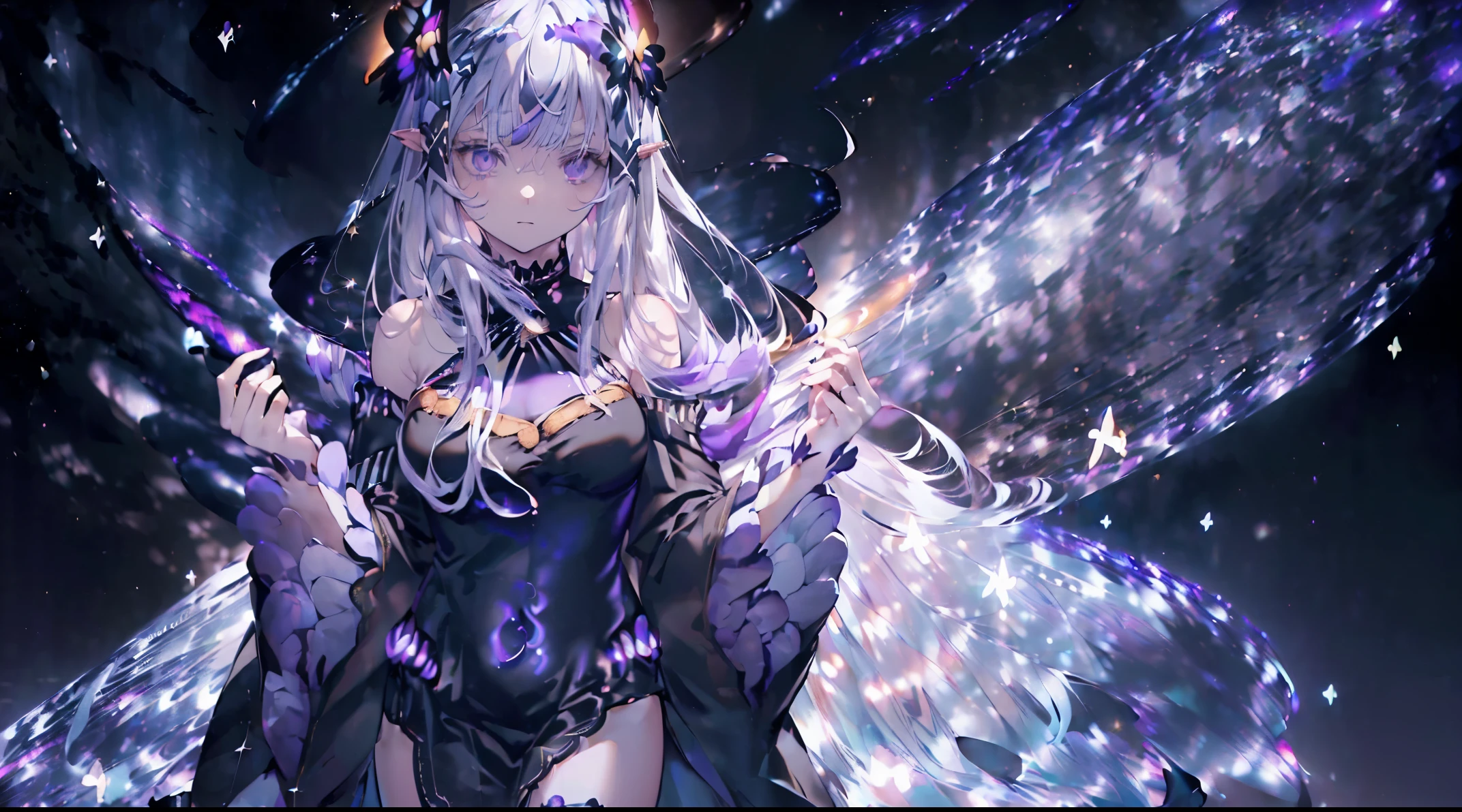 (satella_rezero), (((solo, butterfly, full body, standing)
satella, hair flower, hair ornament, hair ribbon, long hair, (purple eyes:1.2), pointy ears, black flower, x hair ornament,
BREAK bare shoulders, detached collar, dress, long sleeves, navel, black dress, shoulder cutout, wide sleeves,
BREAK (Galaxy:1.6)
BREAK looking at viewer, (cowboy shot:1.5),
BREAK (masterpiece:1.2), best quality, high resolution, unity 8k wallpaper, (illustration:0.8), (beautiful detailed eyes:1.6), extremely detailed face, perfect lighting, extremely detailed CG, (perfect hands, perfect anatomy),