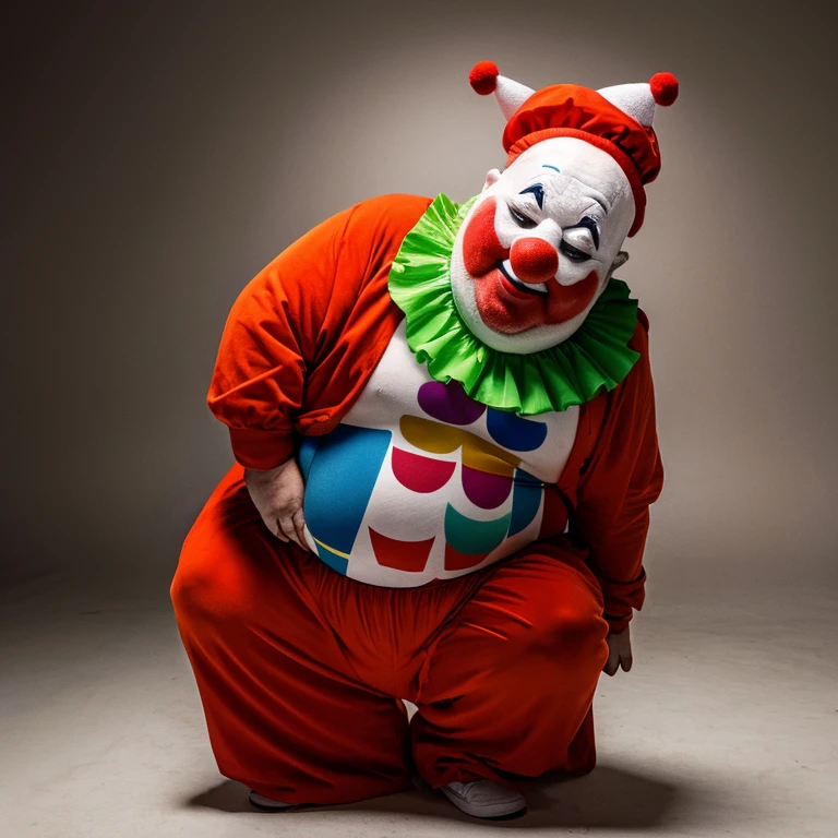 A clown man gets so fat that he can&#39;t stand up and has a round body.
