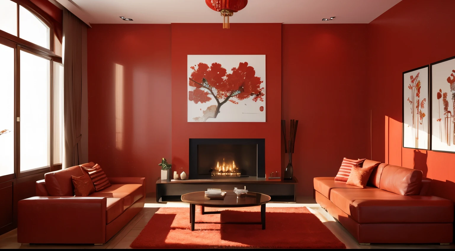 The living room is filled with red Chinese New Year atmosphere,Center composition,sofe,Large area wall,Front view