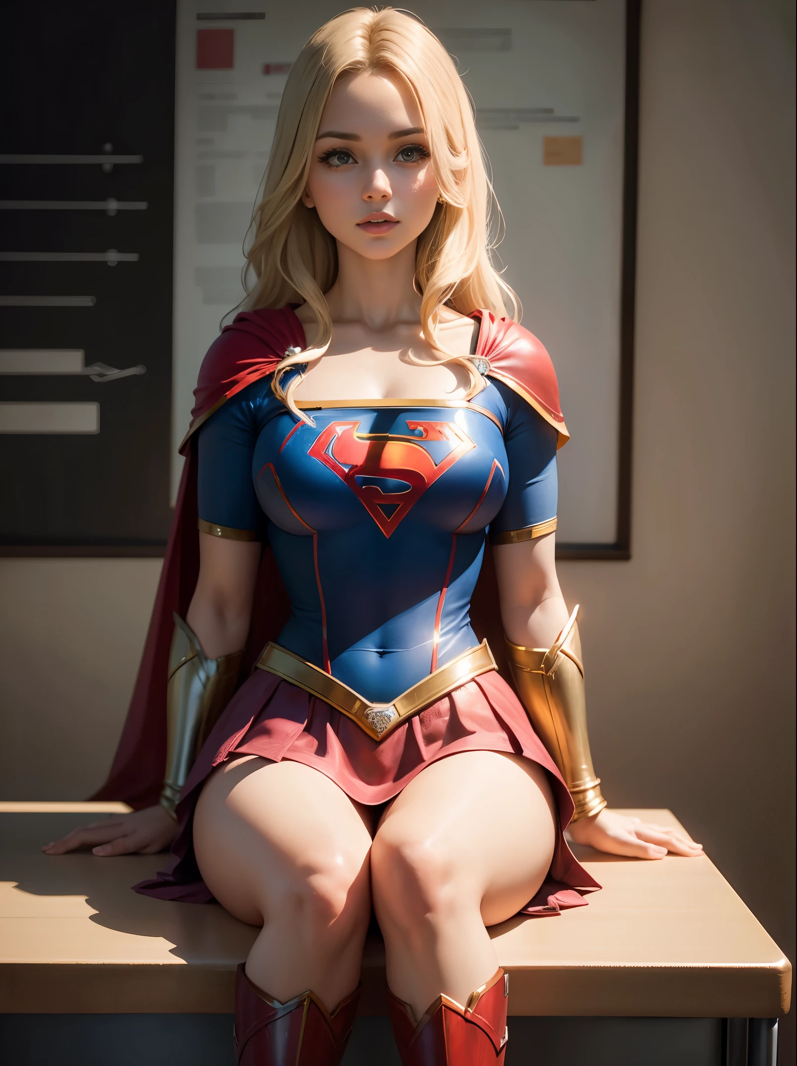 obra prima、Supergirl de cabelos curtos sentada na mesa da escola com as pernas cruzadas、seios grandes e cheios、looking at the camera、Traje de esmalte brilhante、Botas de esmalte vermelho brilhante