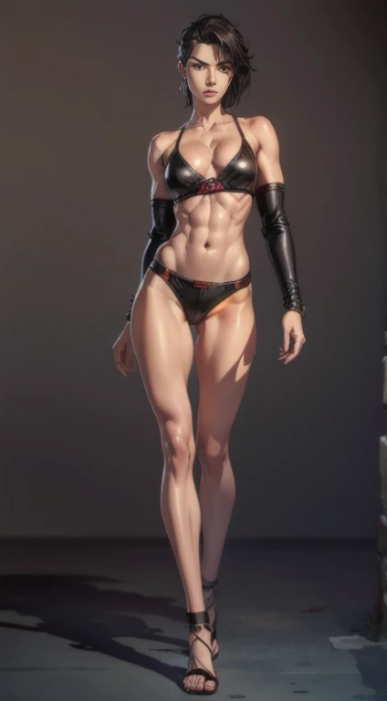 no background, background clean, standing character full body ((solo)), gladiator female beautiful adult, perfect fitness body, beautiful charming cute face, serious face, short black hair, pretty detail eyes, beautiful detailed lips, extremely detailed eyes and face, red armor barbarian, bare legs, bare abdomen, leather sandals