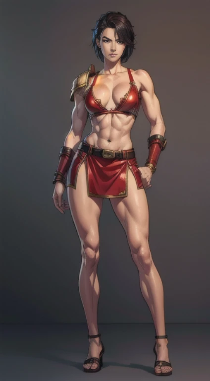 no background, background clean, standing character full body ((solo)), gladiator female beautiful adult, perfect fitness body, beautiful charming cute face, serious face, short black hair, pretty detail eyes, beautiful detailed lips, extremely detailed eyes and face, red armor barbarian, bare legs, bare abdomen, leather sandals