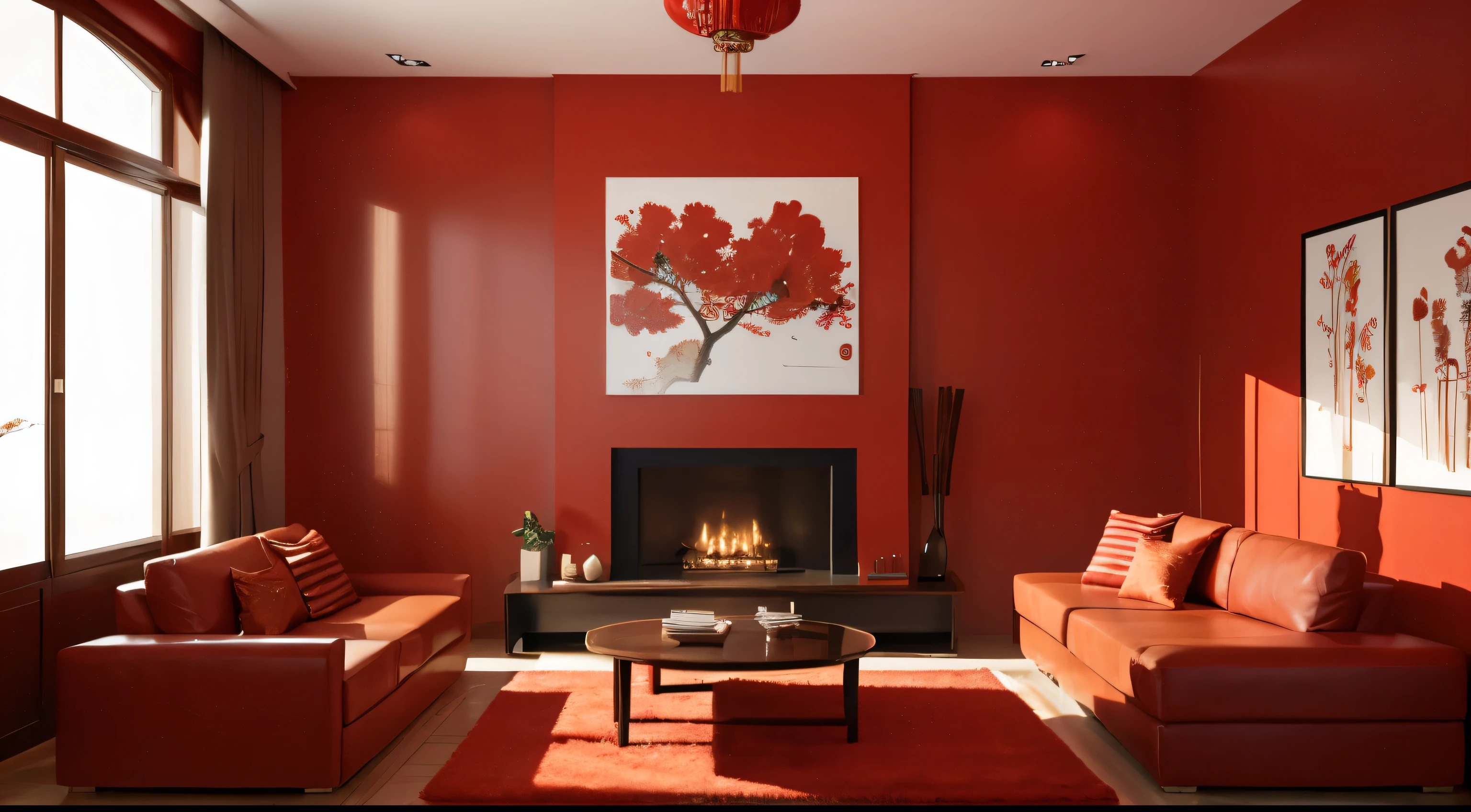 The living room is filled with red New Year atmosphere，Center composition，sofe，Large area wall，Front view
