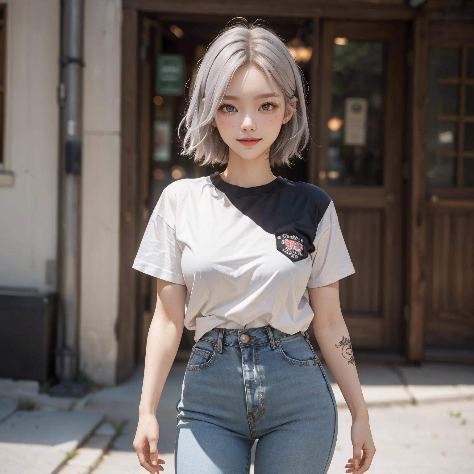 masterpiece, best quality, realistic, highly detailed, 1girl, solo, cowboy shot, preaty girl, red eyes, silver hair, short hair, glasses, thin lips, (((supermodel style character in detailed full body))), stunning innocent symmetry face, cute, kawaii, blush, big eyes, big breast, nfsw, detailed face, detailed pupils, detailed iris, skin texture, detailed eyes, Beautiful waist, very slender legs, very slender physique, sexy, seductive, Very aesthetic, (looking at viewer:1.25), thin arms, eye shadow, skin pores, lips, nose, keylight reflection on eyes, (natural smile), T-shirt, skinny jeans, tomboy look, tatto