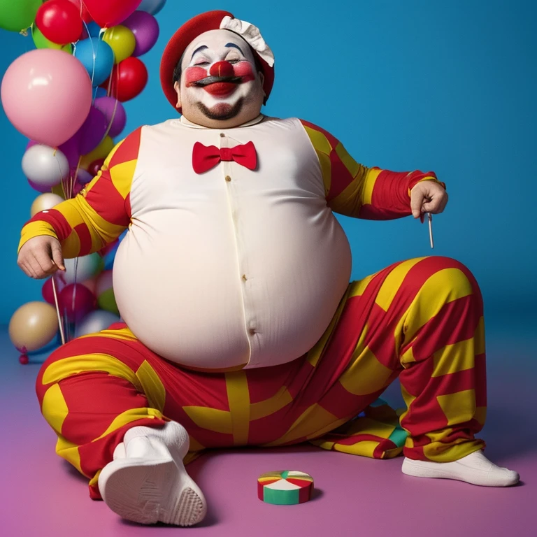 The clown man gets fat. He got so fat that he can&#39;t stand up. His body became round. The reason why he got fat is that he&#39;s full of cake.