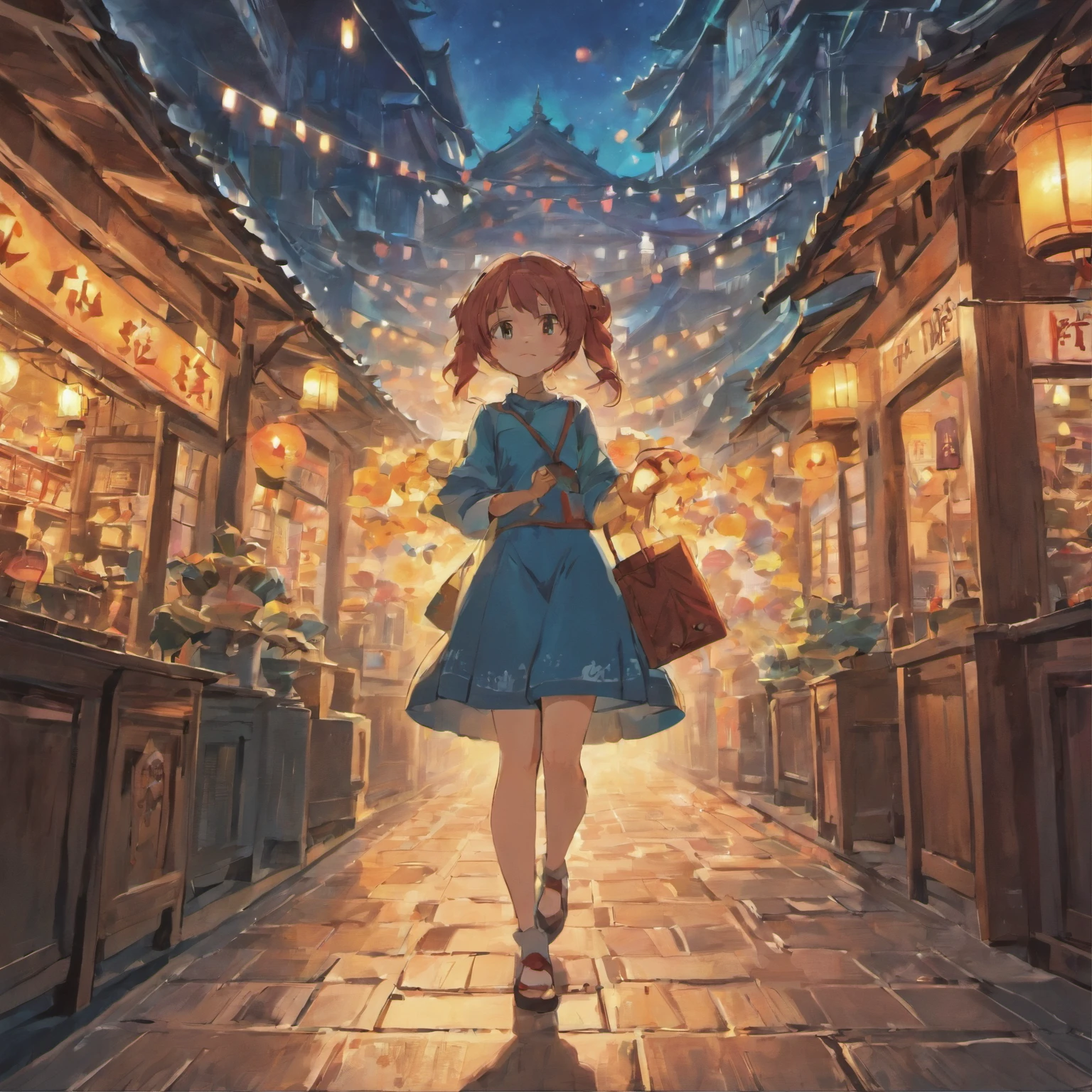 Back view of a young lady holding a lantern,sci-fy, There are many lanterns in the air,Surrounded by wooden streetscape shops