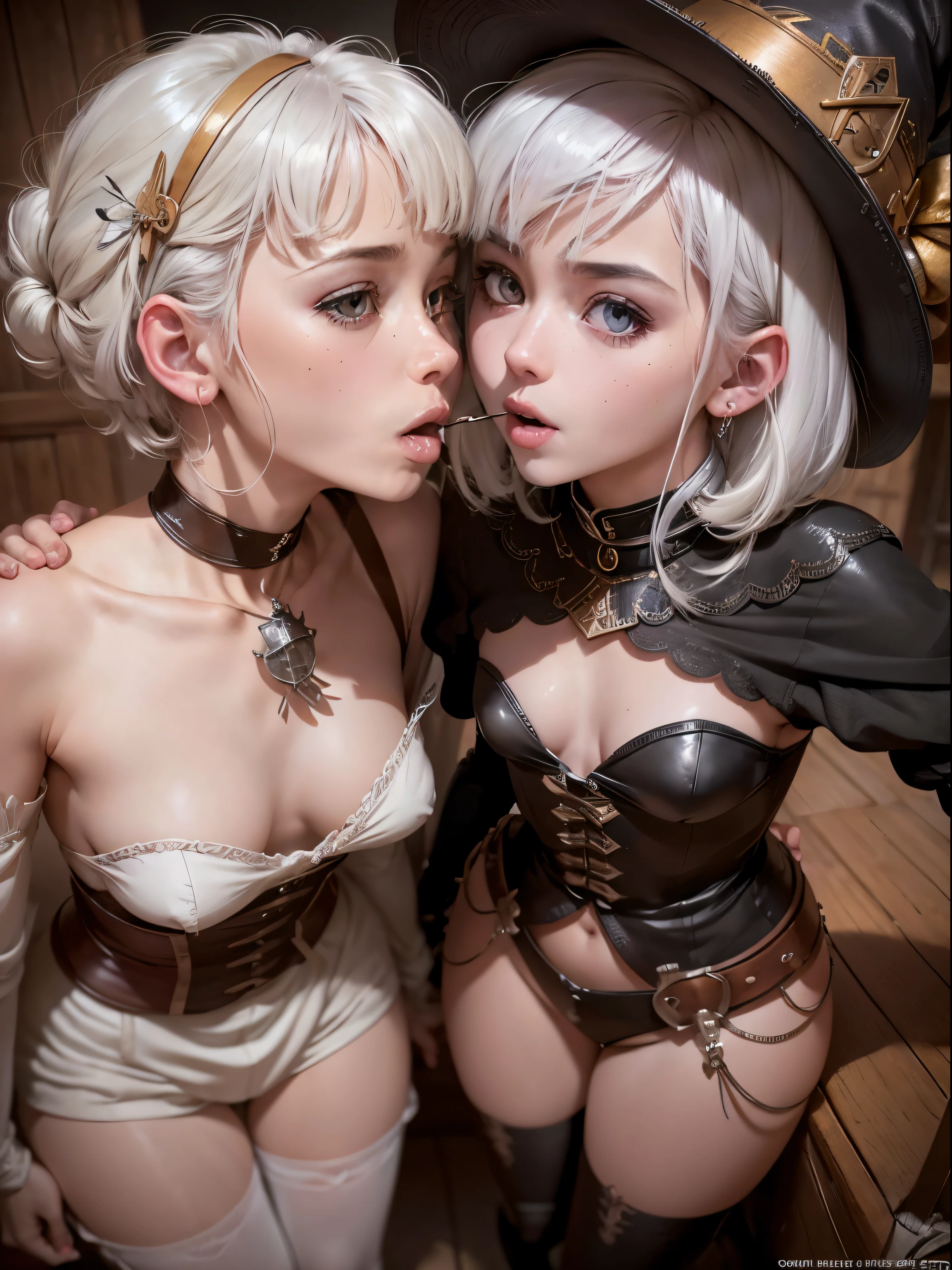 (masutepiece), (Piece of art), (Amazing work), (Detailed eyes), (Delicate skin), (Colorful eyes), (short white hair with bangs), (Sparkling eyes), (1girl in) ,(tiny chest),Skinny Legs,With witch's hat, oud, old, Wear extravagant medieval clothing, masutepiece, Best Quality, The best Desinger, Best Illustration,Lesbian couple,One-person viewpoint(Men's POV),Lesbian couple経口 ,,facial cum shot,pissing