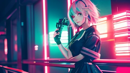 (Masterpiece, best quality: 1.2), 1 girl, pink-purple hair, side half, back to the camera, body is skeleton, solo, headphones, cyberpunk, grinning, eyes looking at the audience, purple-pink hair, headphones, sleeveless shirt, pleated skirt, holding cold weapons