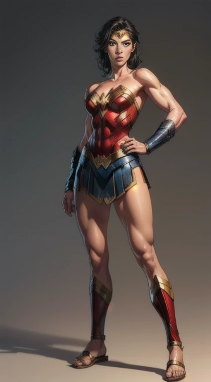 no background, background clean, standing character full body ((solo)), wonder woman female beautiful adult, perfect fitness body, beautiful charming cute face, serious face, short black hair, pretty detail eyes, beautiful detailed lips, extremely detailed eyes and face, red armor barbarian, bare legs, bare abdomen, leather sandals